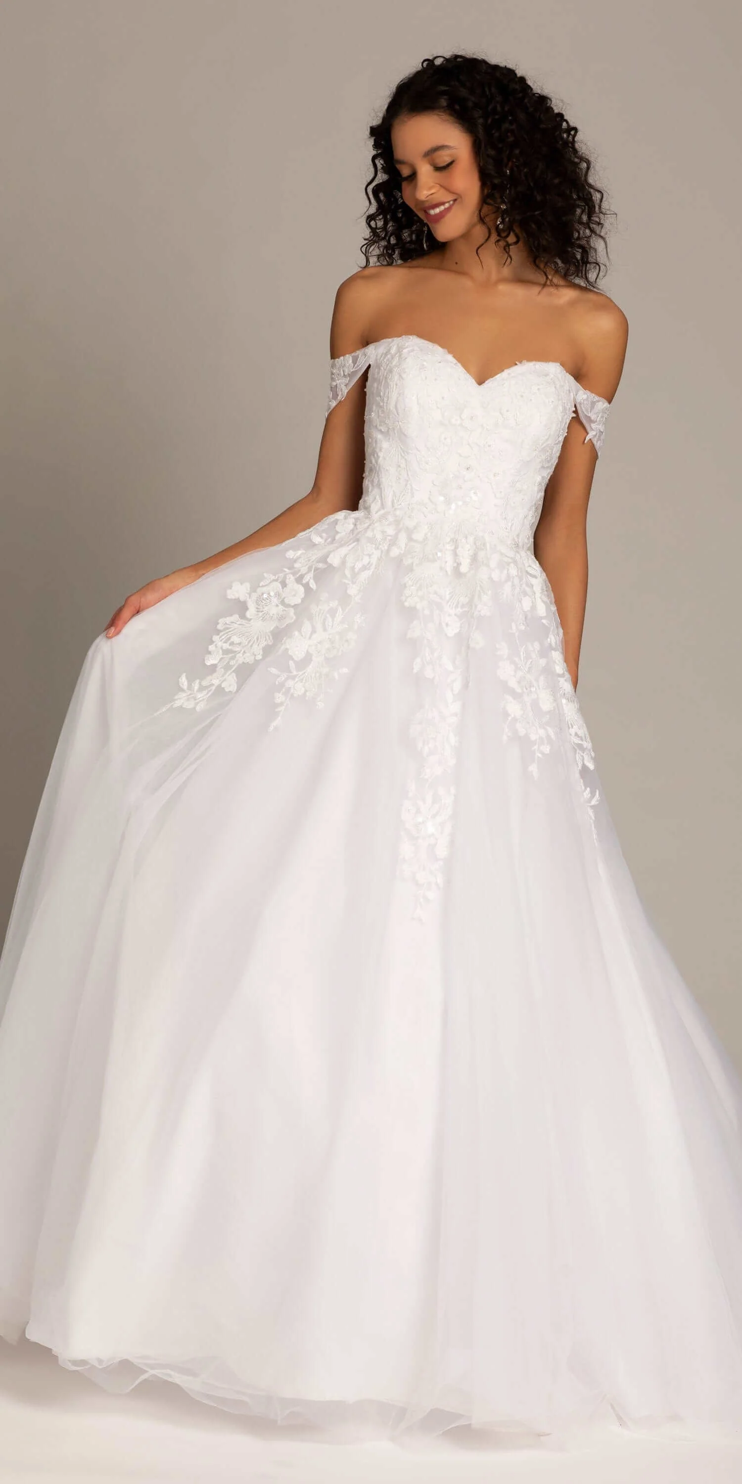 Embroidered Off the Shoulder Tulle Ballgown with Floral Detail - Image 3