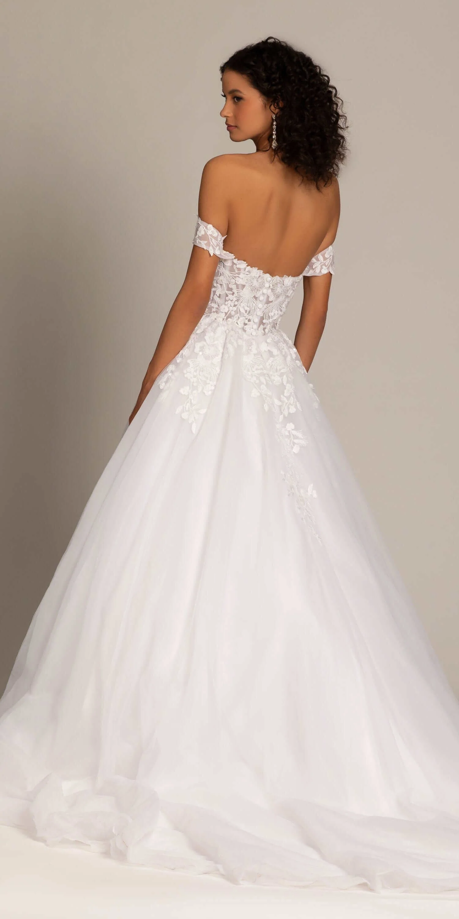 Embroidered Off the Shoulder Tulle Ballgown with Floral Detail - Image 4