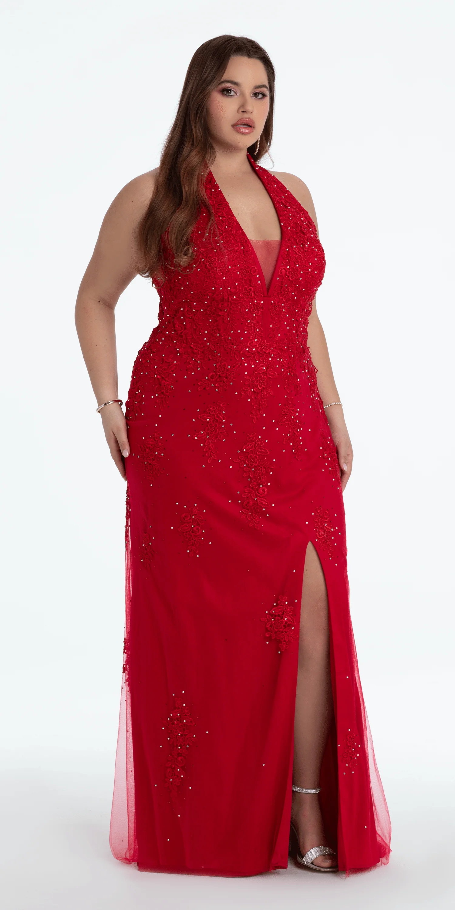 Embroidered Plunging Corset Mesh Halter Dress - Image 3