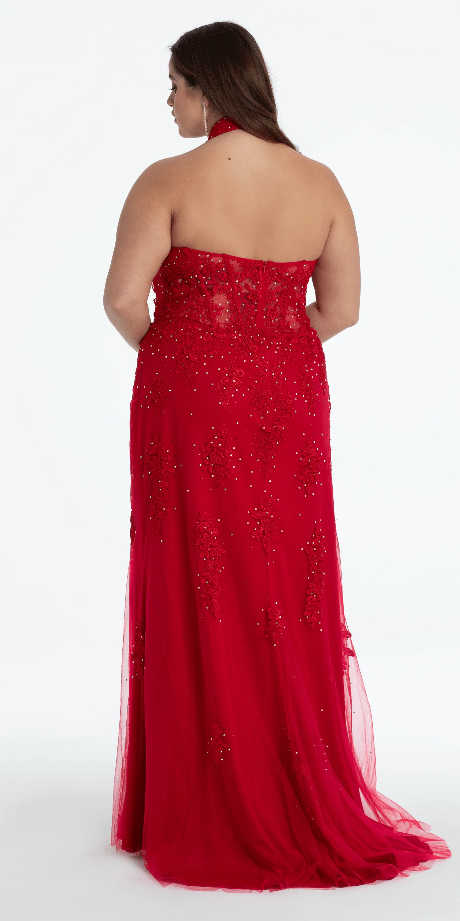 Embroidered Plunging Corset Mesh Halter Dress - Image 4