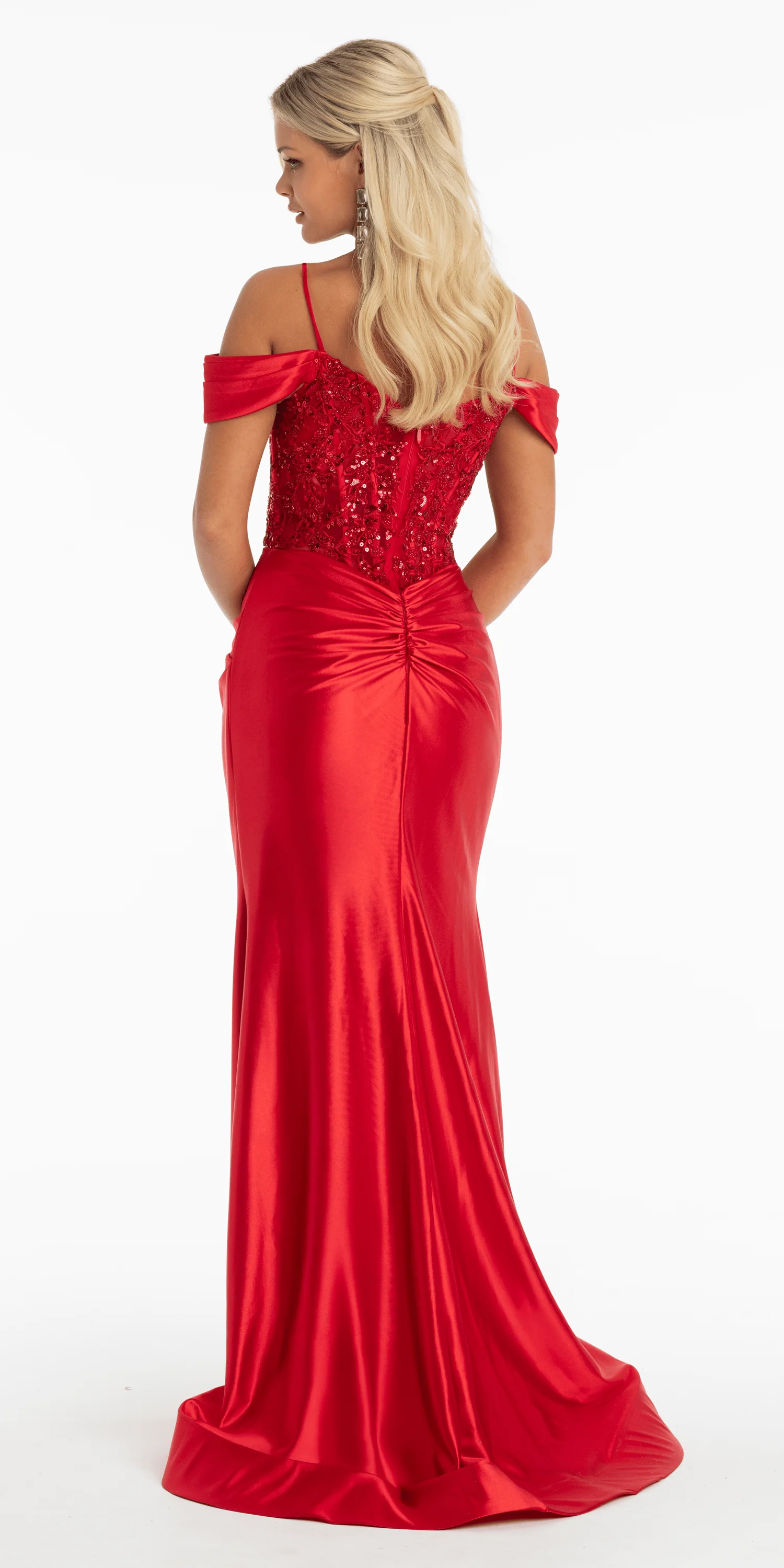 Embroidered Sequin Satin Off the Shoulder Twist Knot Trumpet Dress - Image 3