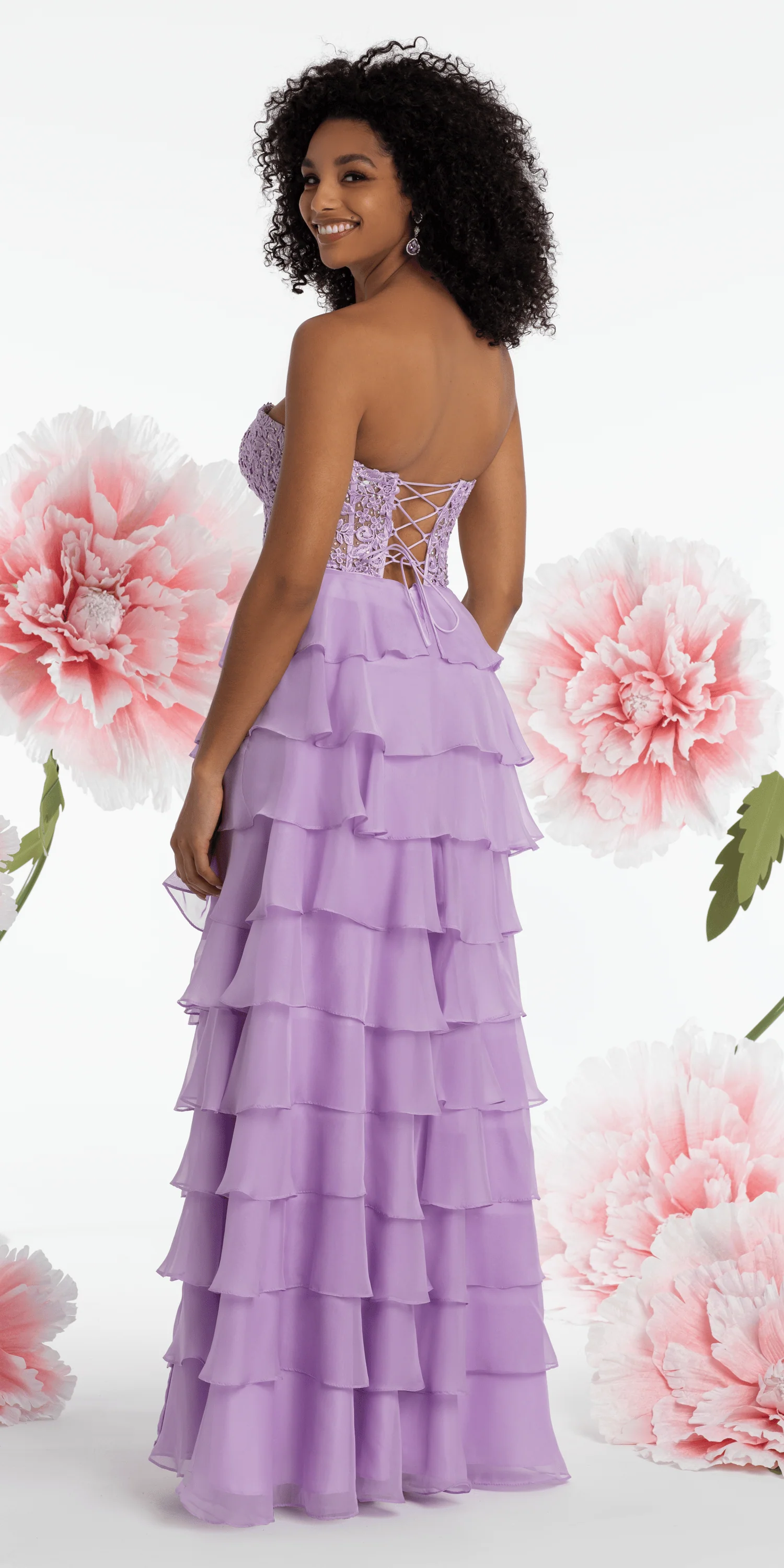 Embroidered Strapless Chiffon Tiered Corset Ballgown - Image 3