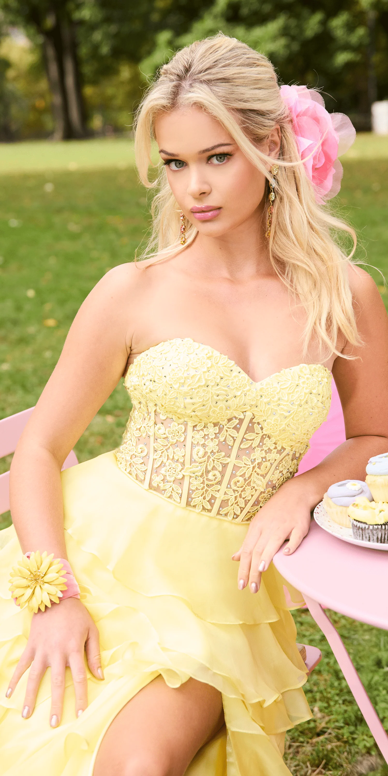 Embroidered Strapless Chiffon Tiered Corset Ballgown - Image 4