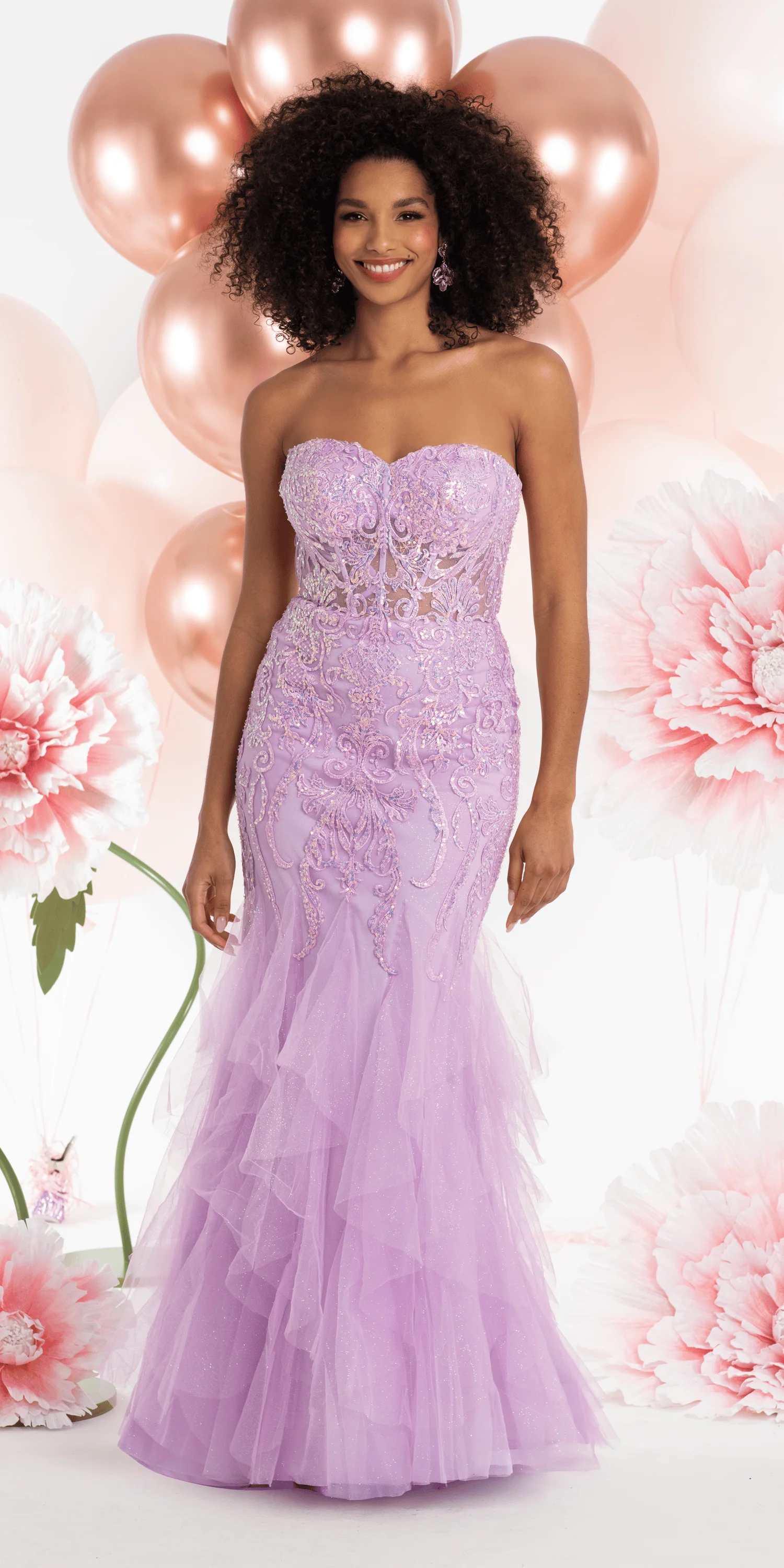 Embroidered Strapless Glitter Mesh Corset Mermaid Dress with Tendrils - Image 3