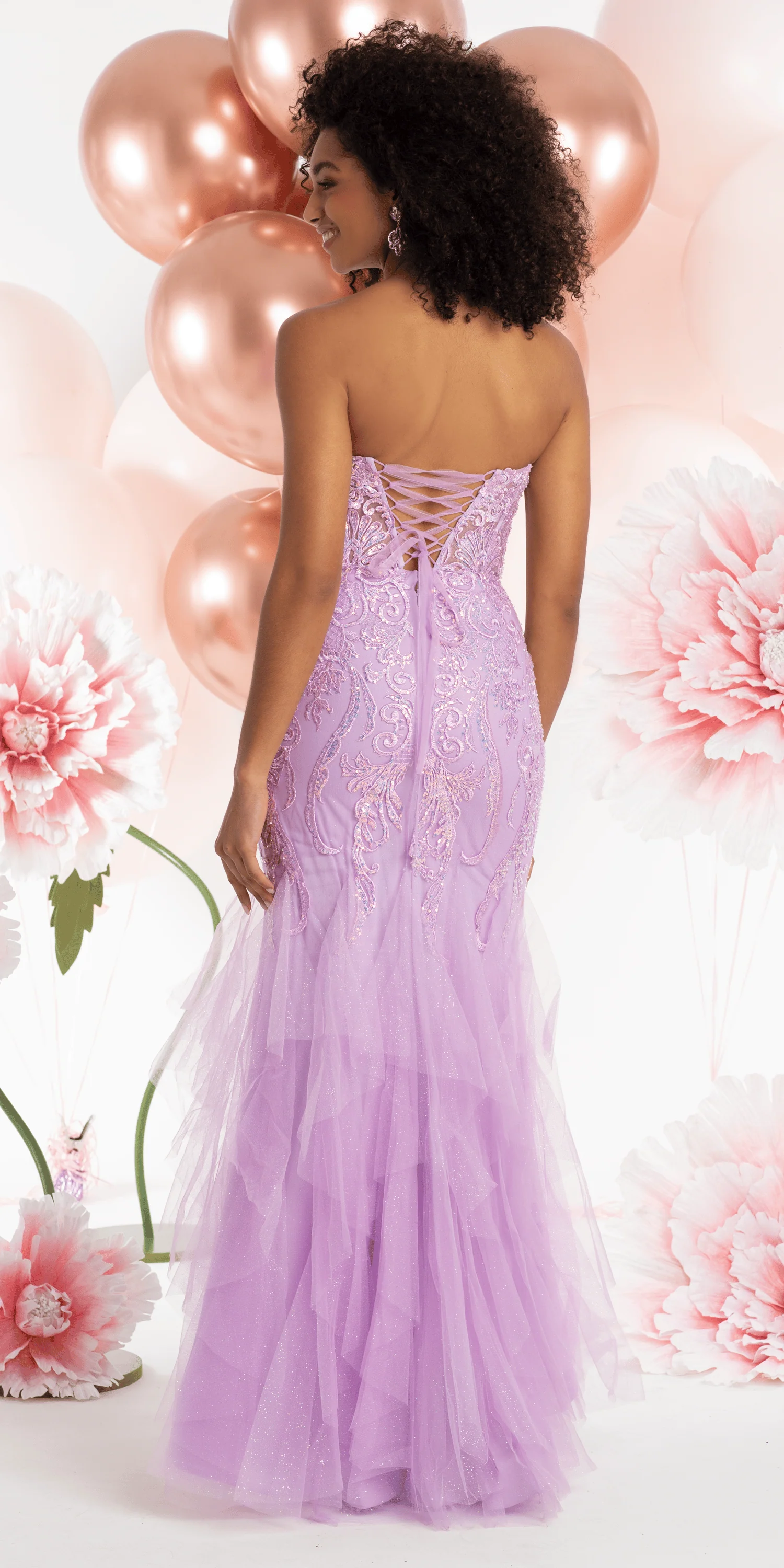 Embroidered Strapless Glitter Mesh Corset Mermaid Dress with Tendrils - Image 4