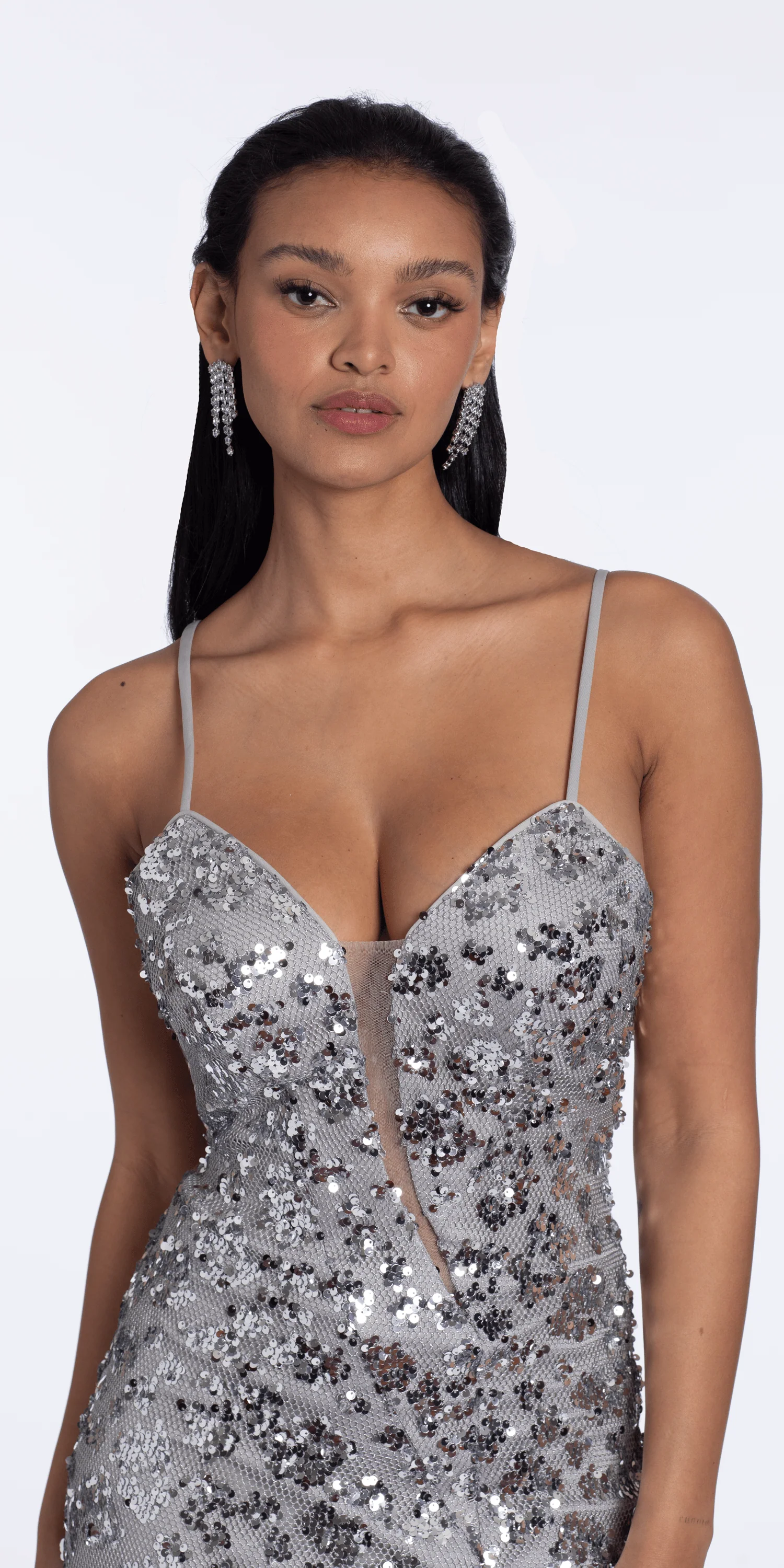 Fishnet Asymmetric Plunge Sequin Column Dress - Image 2