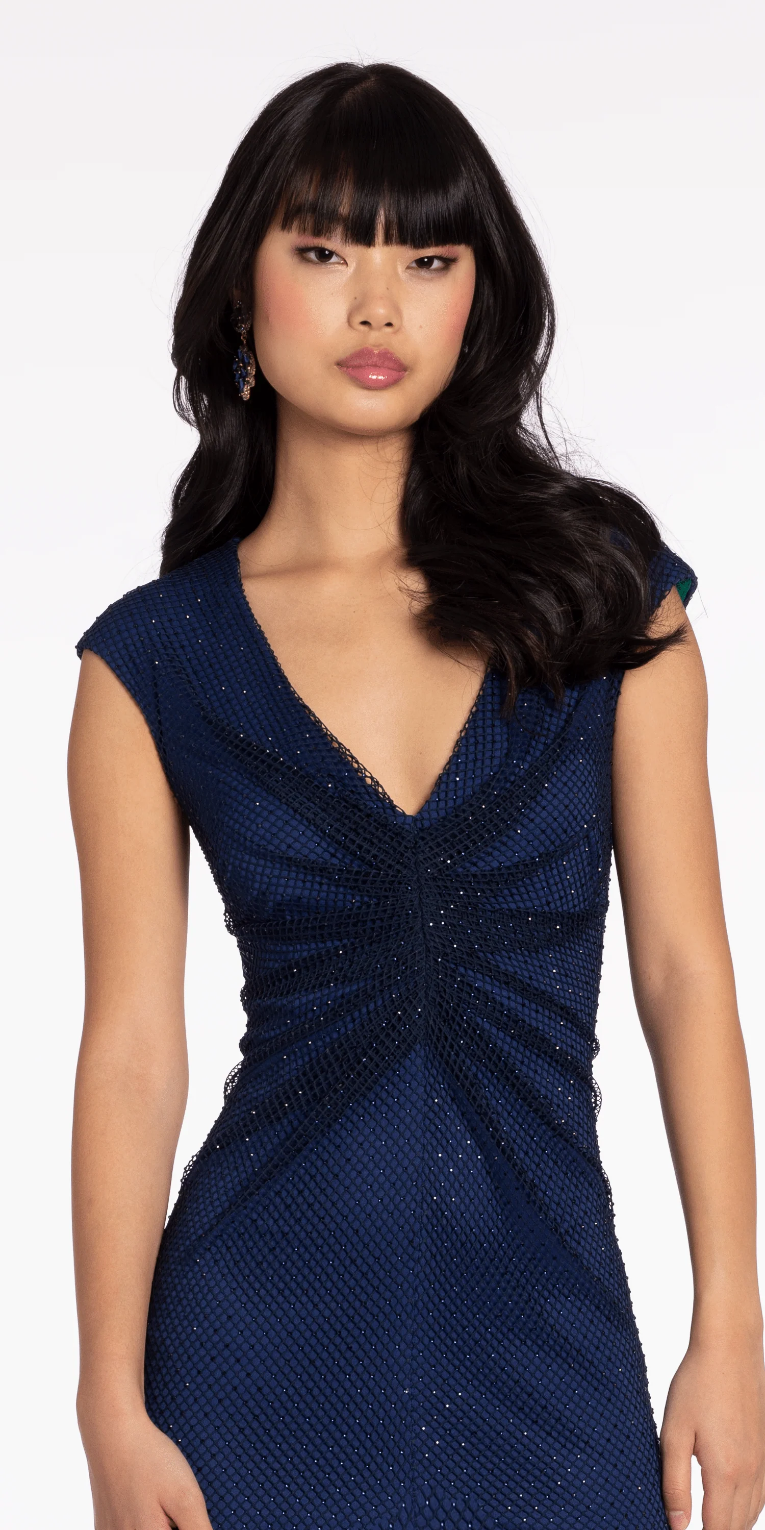 Fishnet Cap Sleeve V Neck Column Dress with Front Slit - Image 3
