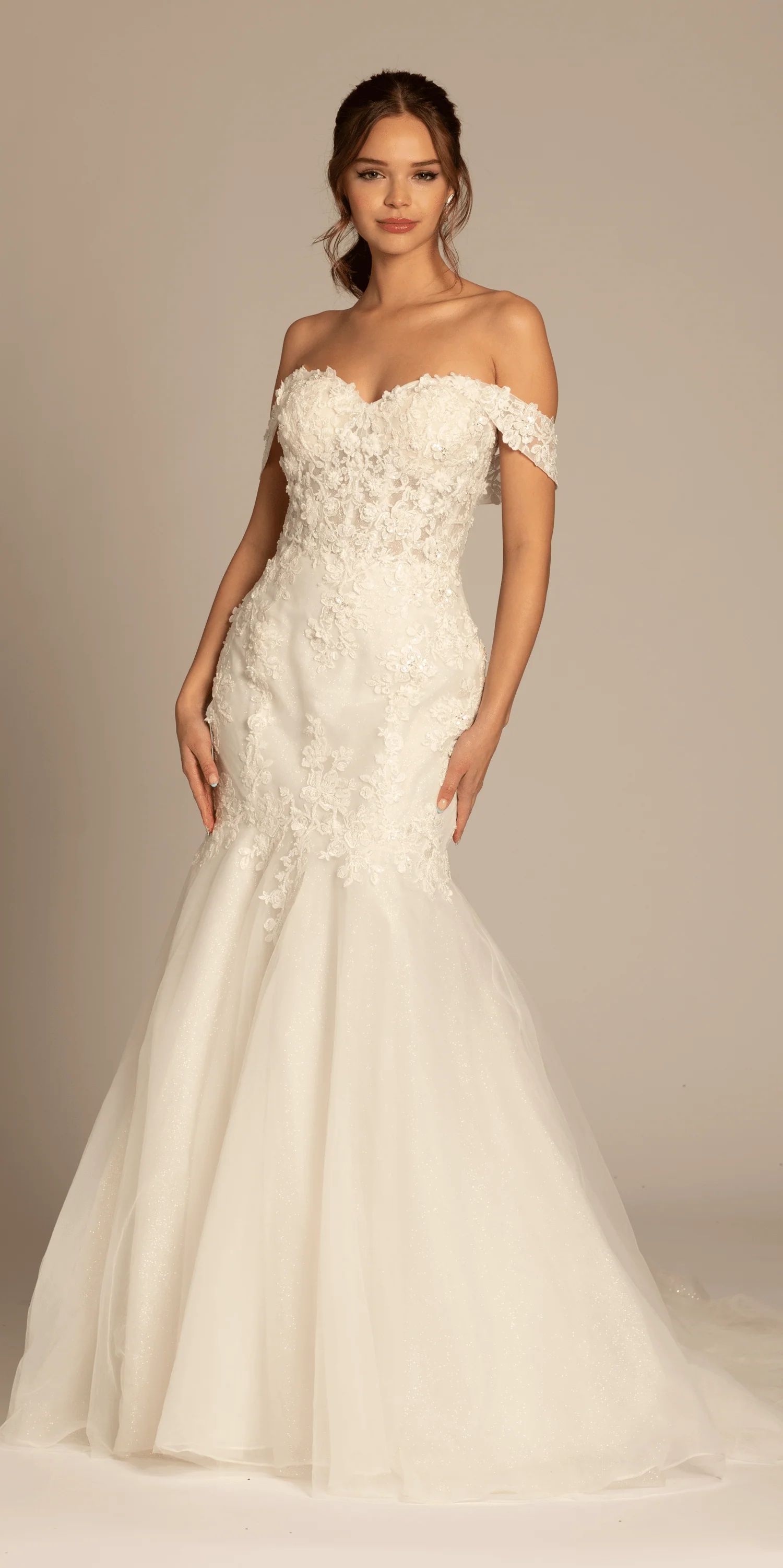 Floral Applique Off the Shoulder Glitter Tulle Mermaid Dress - Image 4