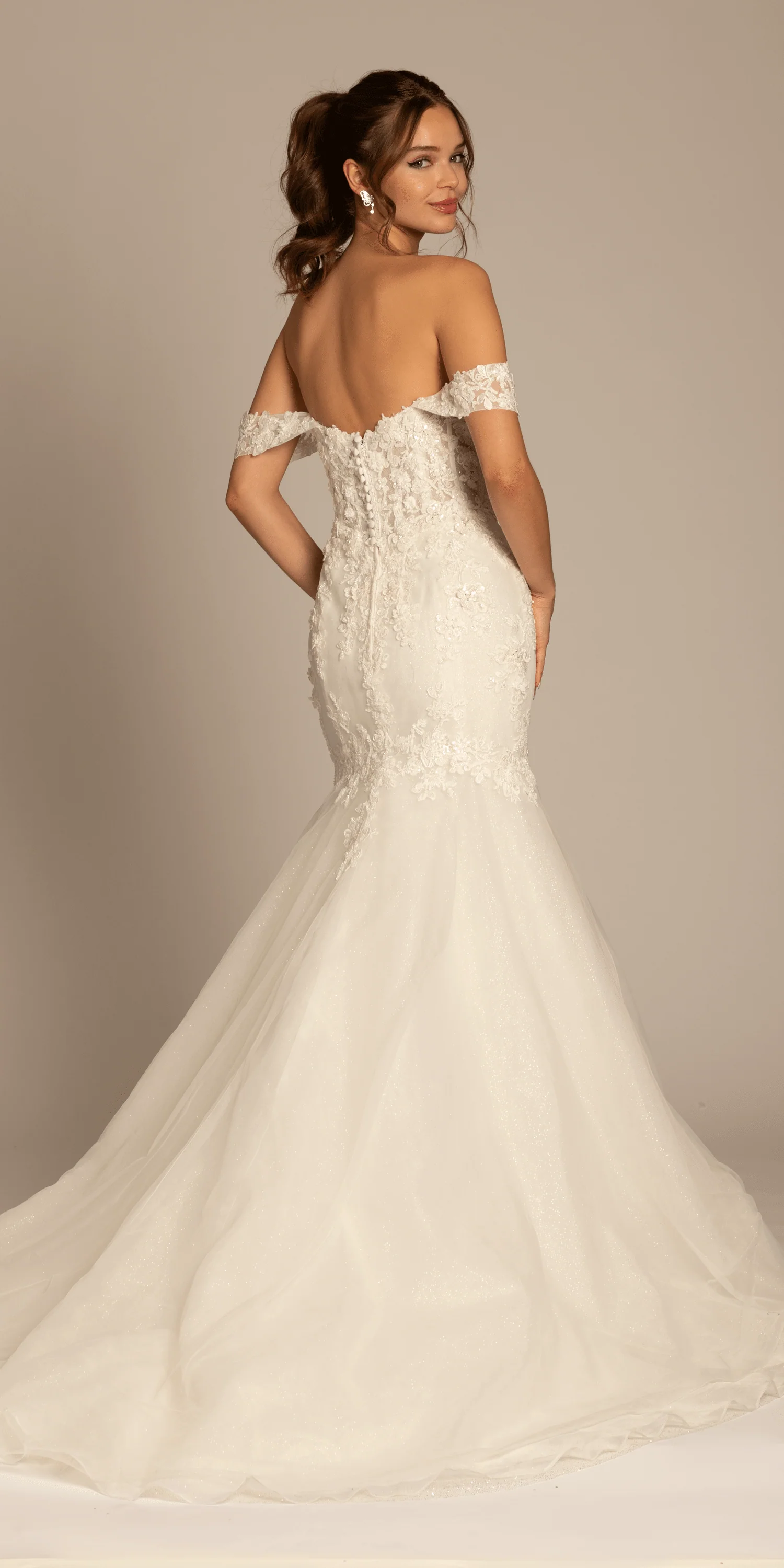 Floral Applique Off the Shoulder Glitter Tulle Mermaid Dress - Image 5