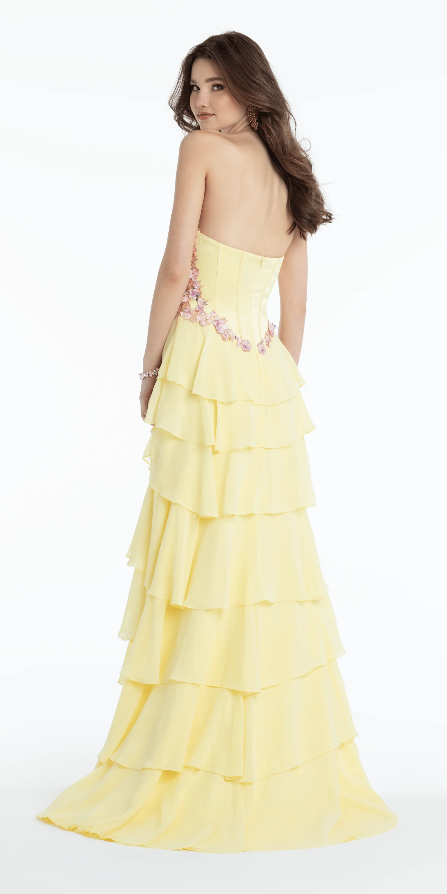 Floral Embellished Drape Corset Tiered Chiffon A Line Dress - Image 3