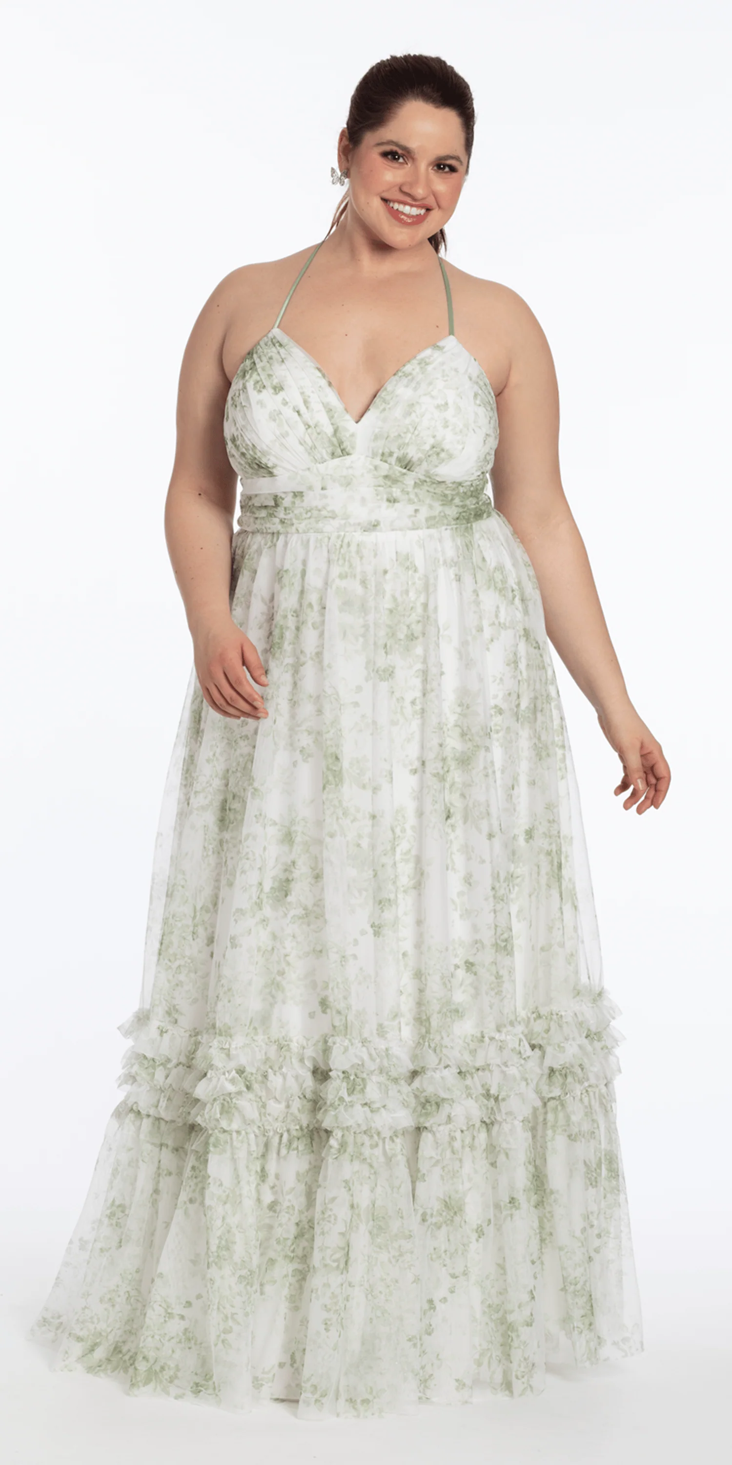 Floral Mesh Strappy Back Halter A Line Dress with Ruffle Tiered Hem - Image 3
