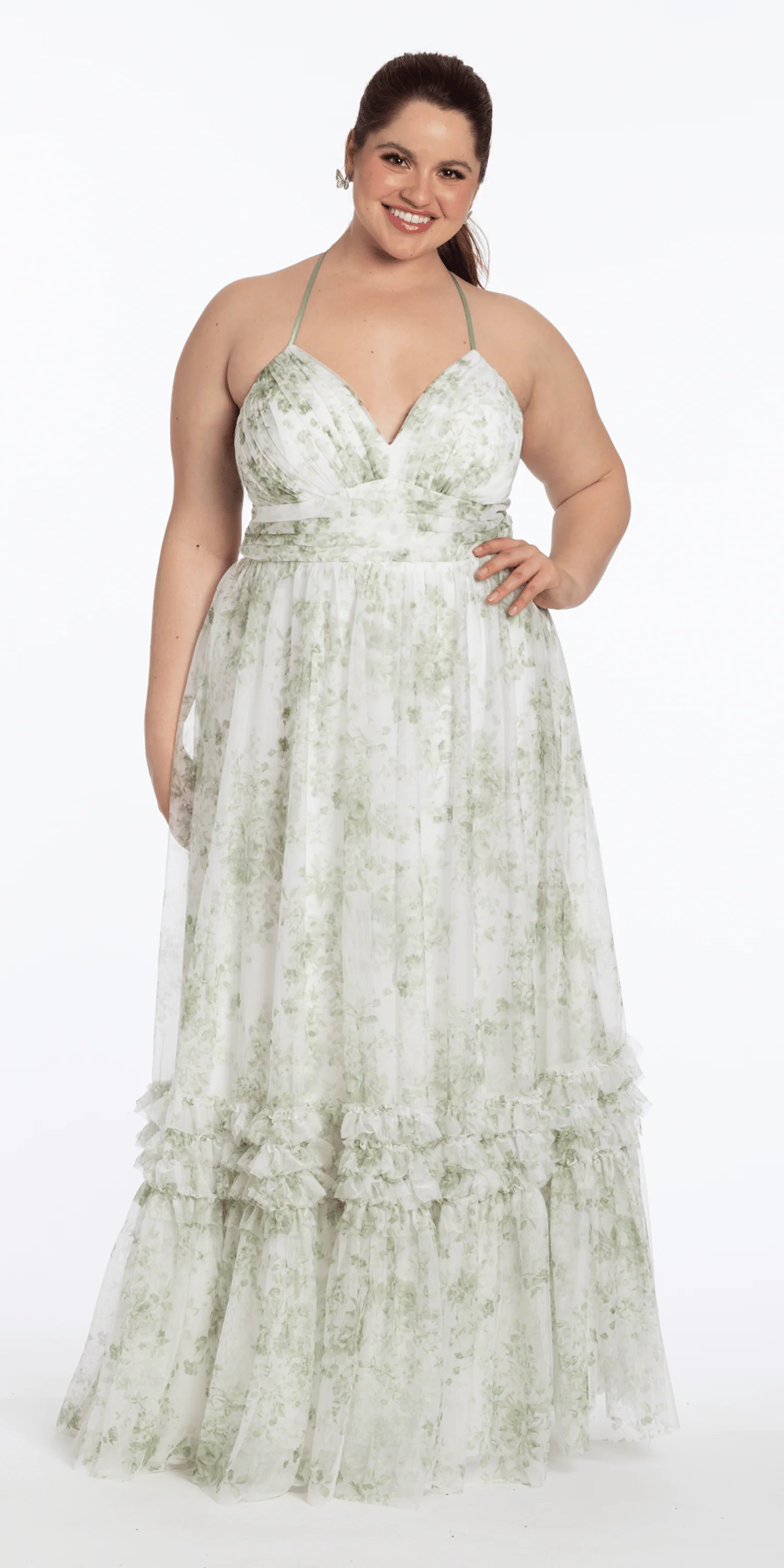 Floral Mesh Strappy Back Halter A Line Dress with Ruffle Tiered Hem - Image 4