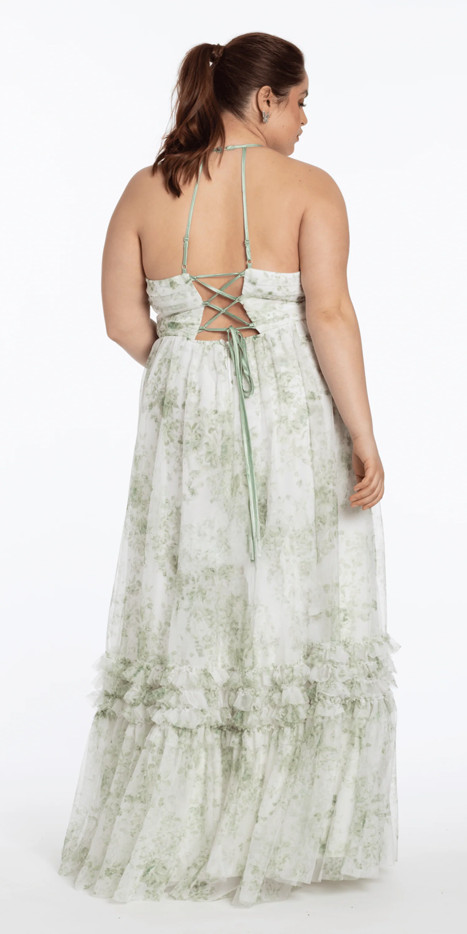 Floral Mesh Strappy Back Halter A Line Dress with Ruffle Tiered Hem - Image 5