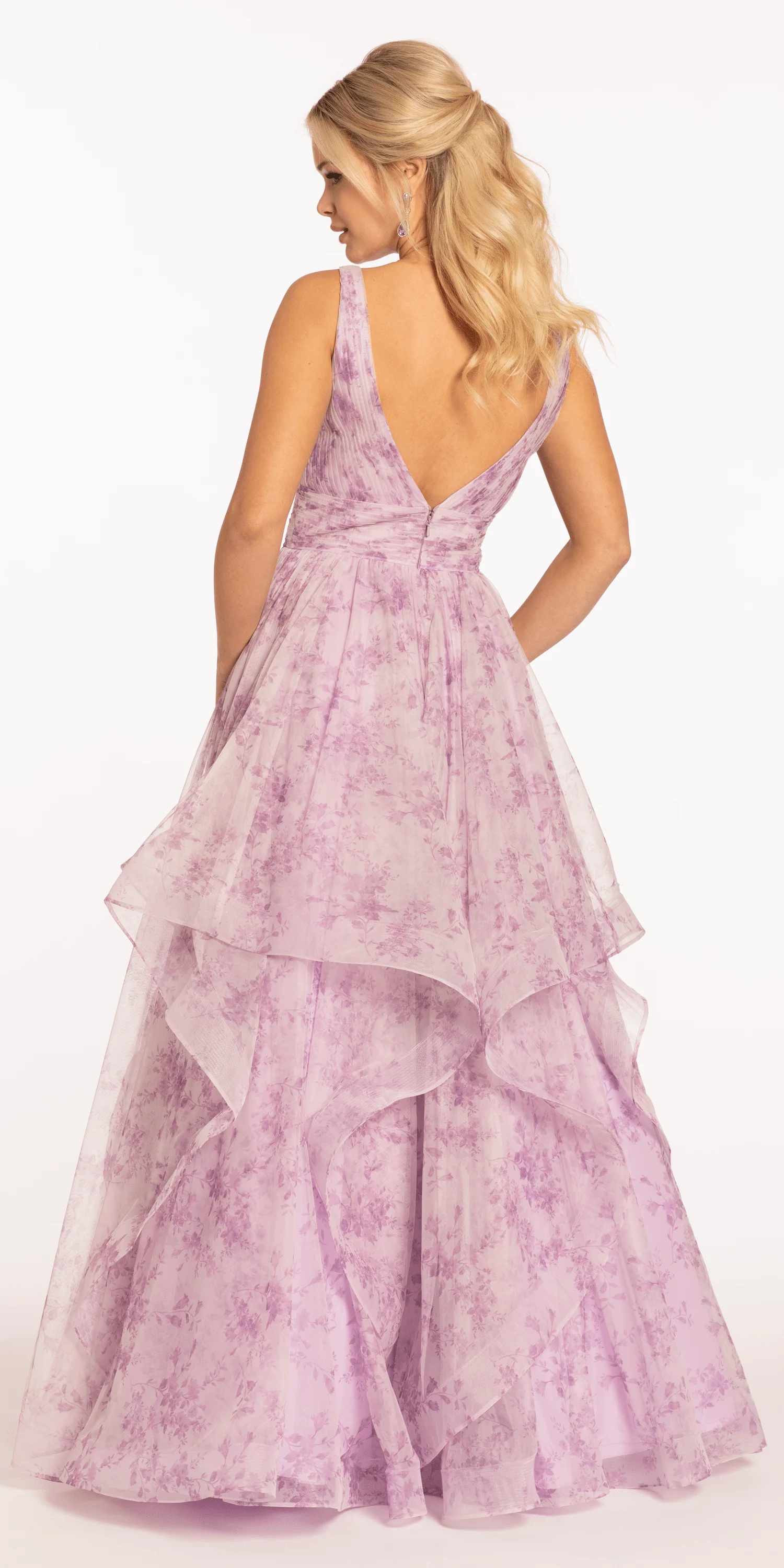 Floral Pleated Plunging Mesh Tiered Ballgown - Image 4
