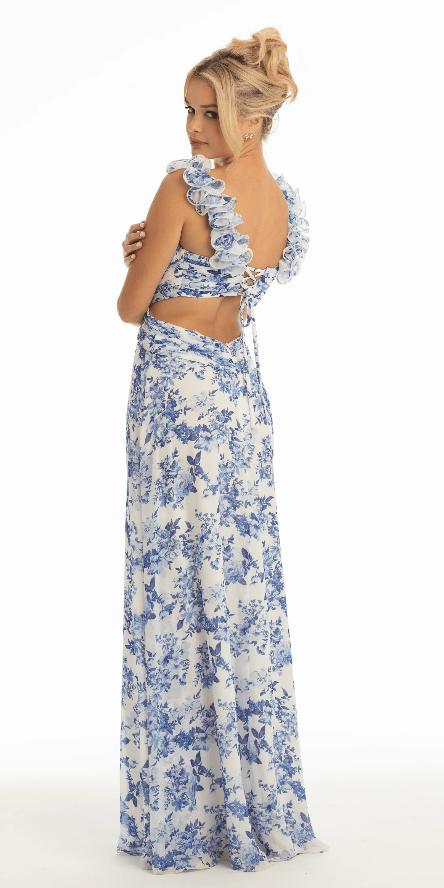 Floral Print Chiffon Column Dress with Ruffle Shoulders - Image 3