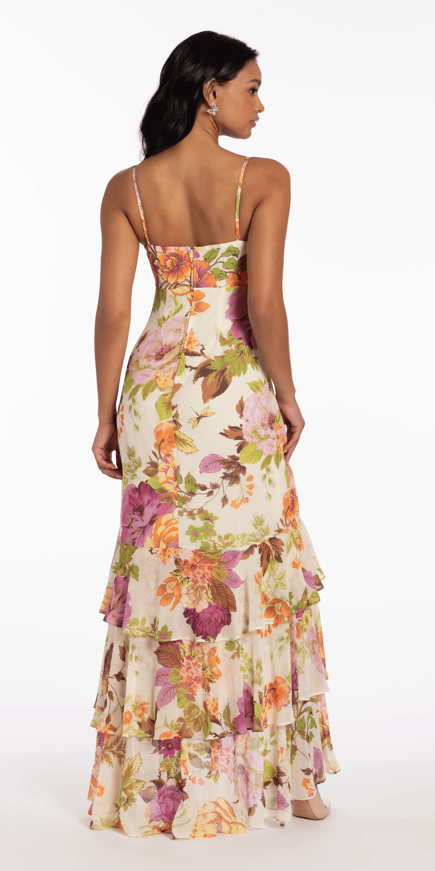 Floral Print Chiffon Drape Front Ruffle High-Low Dress - Image 5