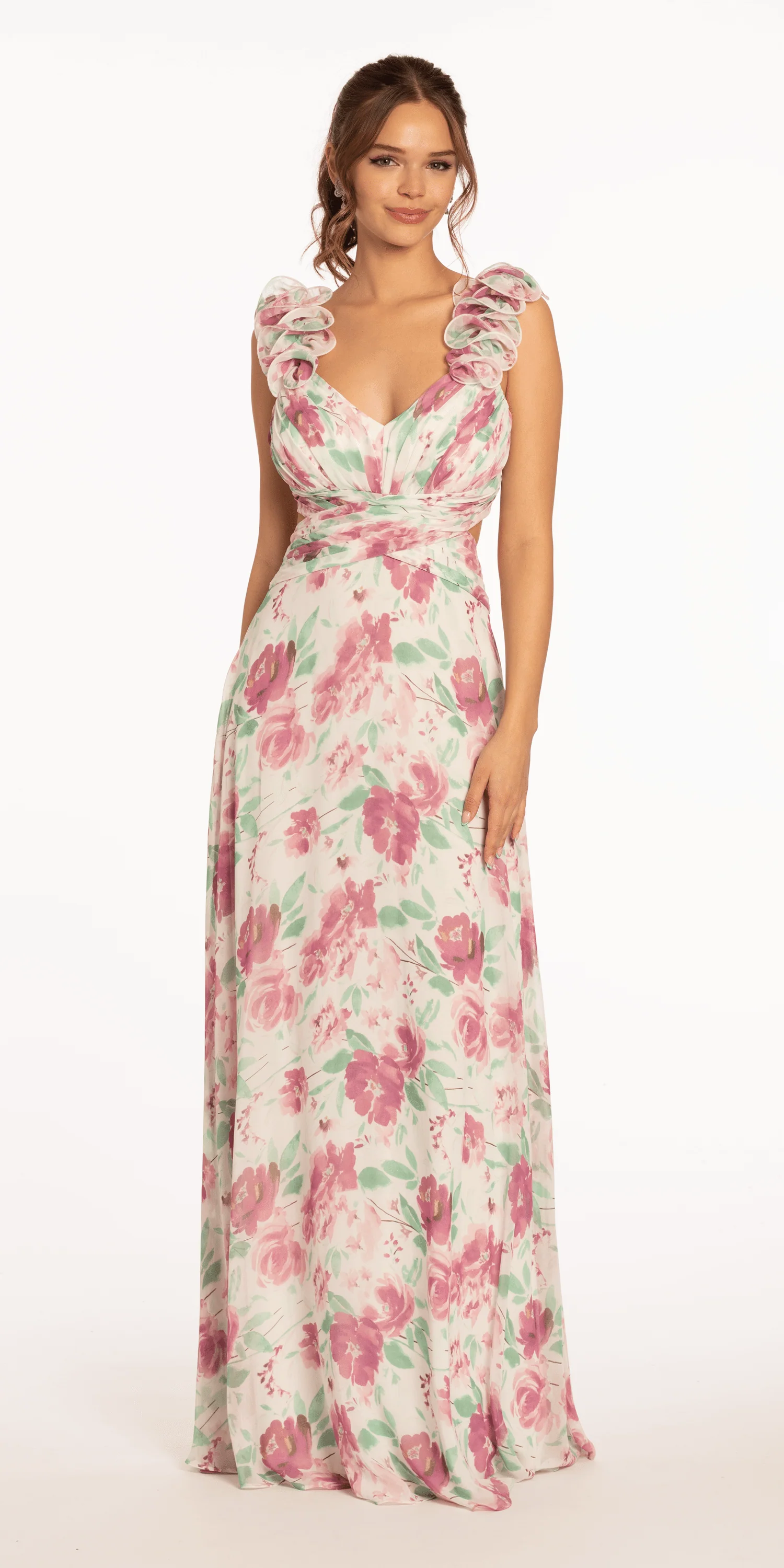 Floral Print Chiffon Lace Up Back Column Dress with Ruching - Image 3