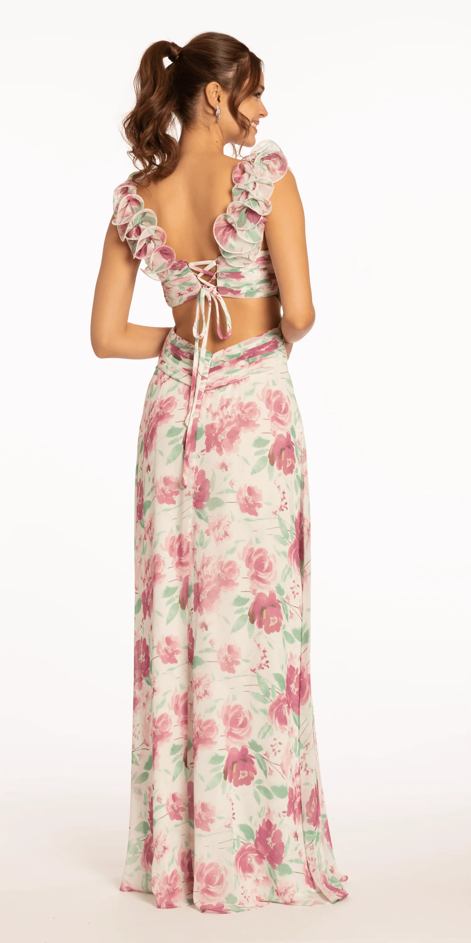 Floral Print Chiffon Lace Up Back Column Dress with Ruching - Image 5