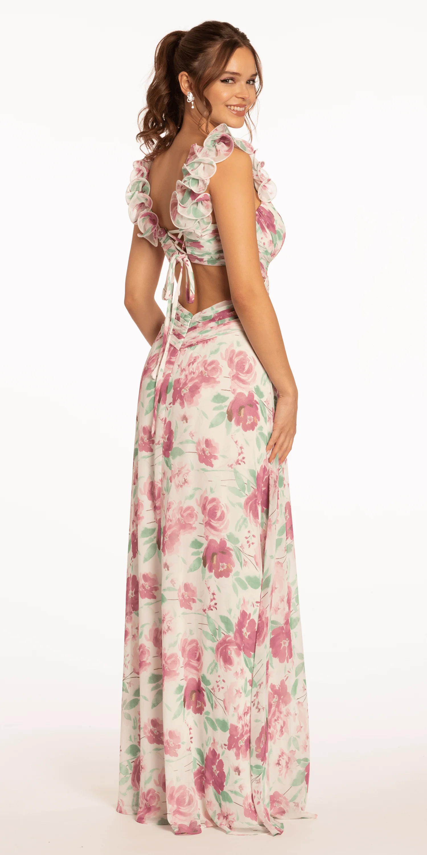 Floral Print Chiffon Lace Up Back Column Dress with Ruching - Image 6