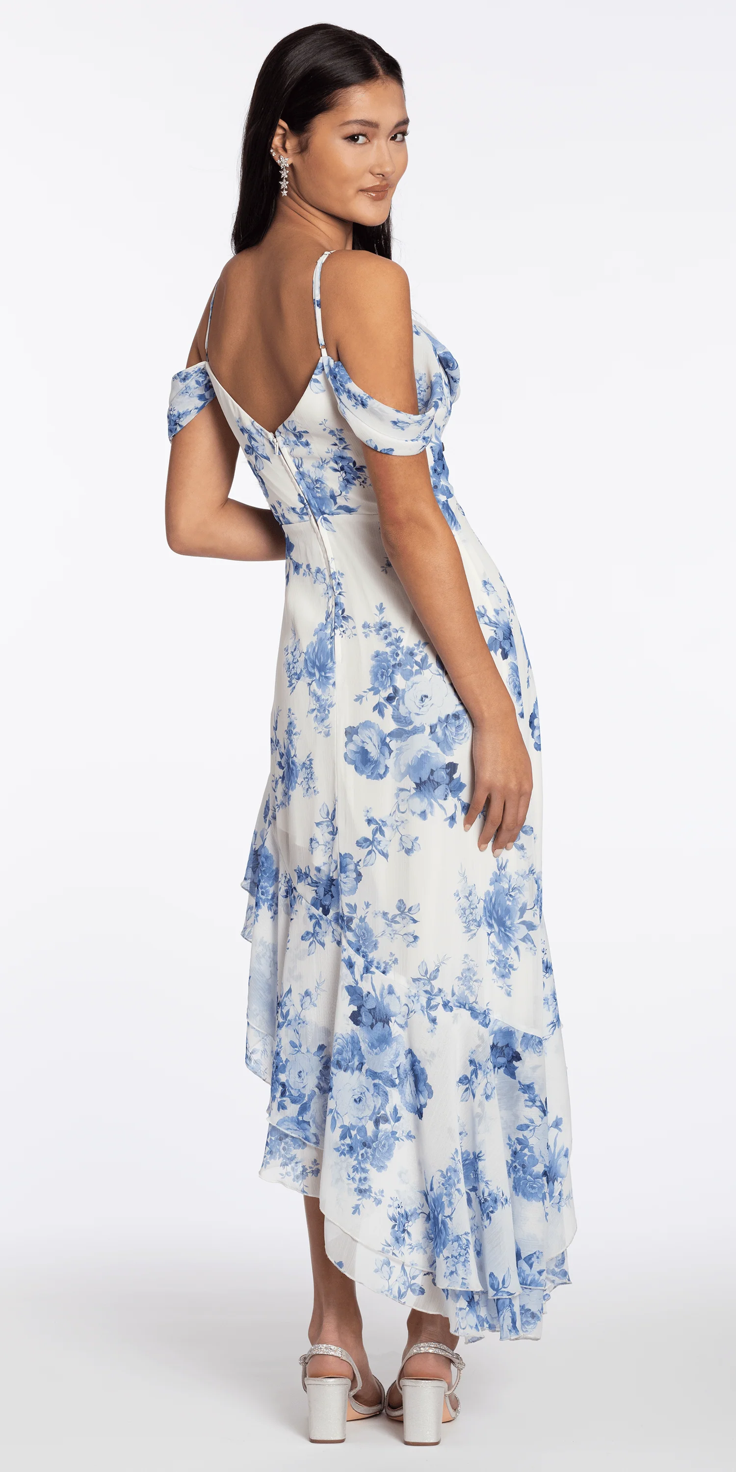 Floral Print Chiffon Off the Shoulder High Low Dress - Image 5