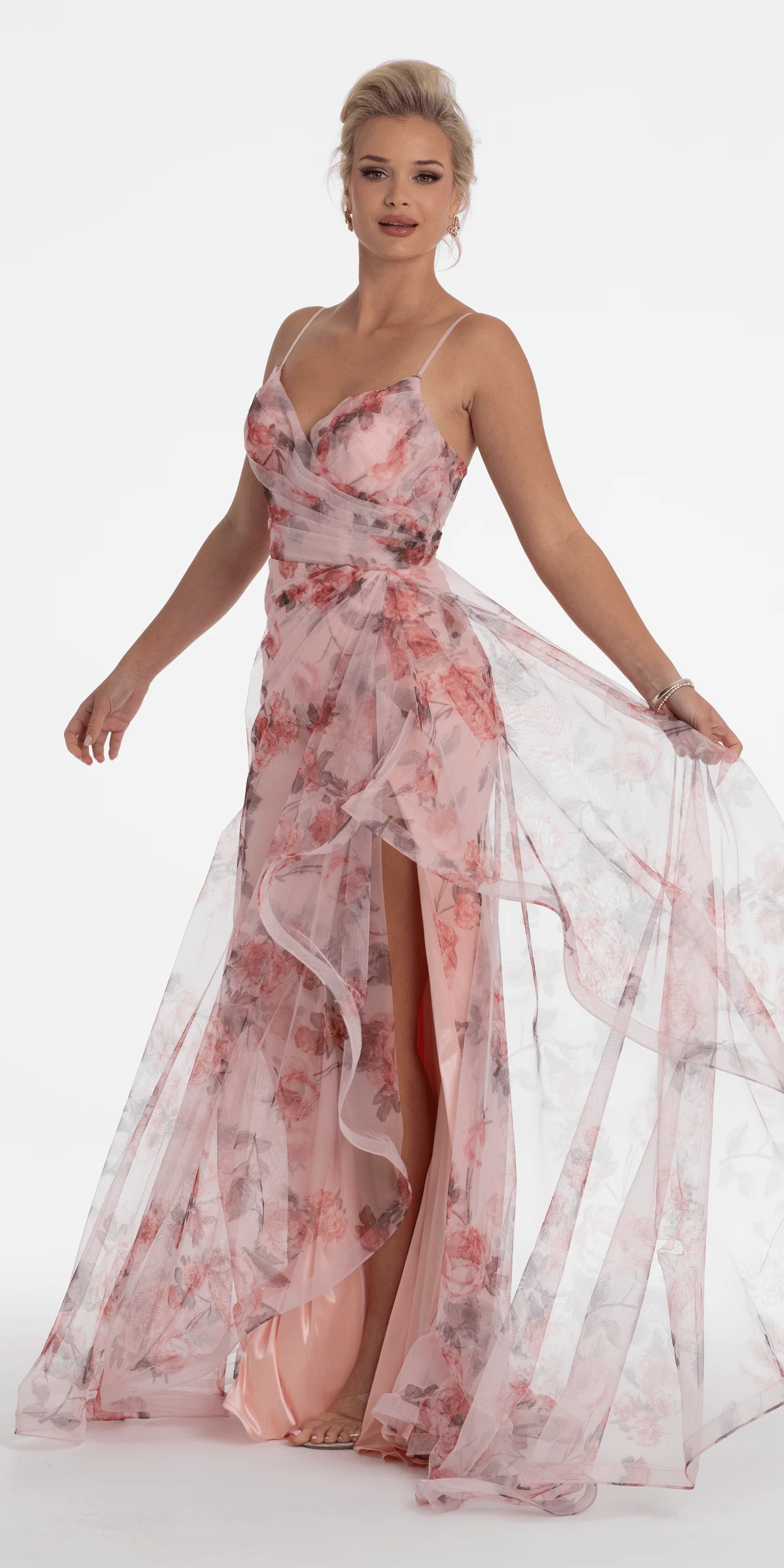 Floral Print Mesh Sweetheart A Line Dress with Side Slit - Image 2