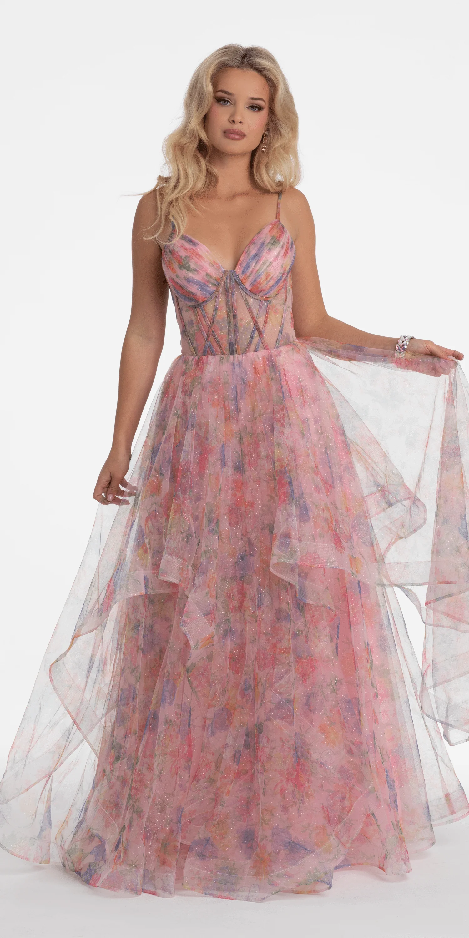 Floral Sweetheart Tiered Lace Up Back Corset Ballgown - Image 3