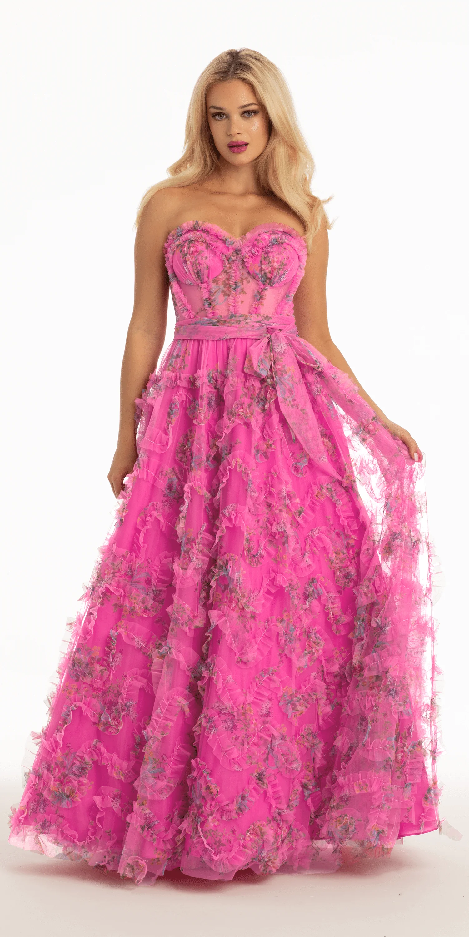 Floral Tulle Corset Ballgown with Waist Tie - Image 3