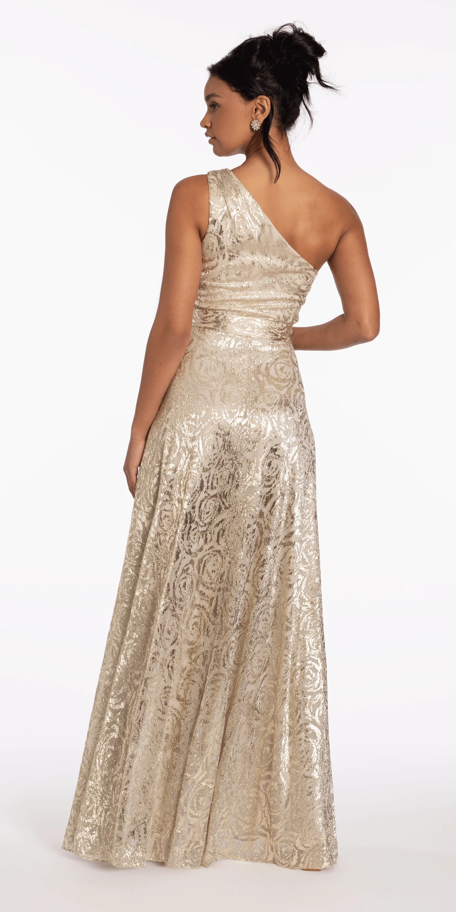 Foil Jacquard One Shoulder A Line Dress with Keyhole - Image 6