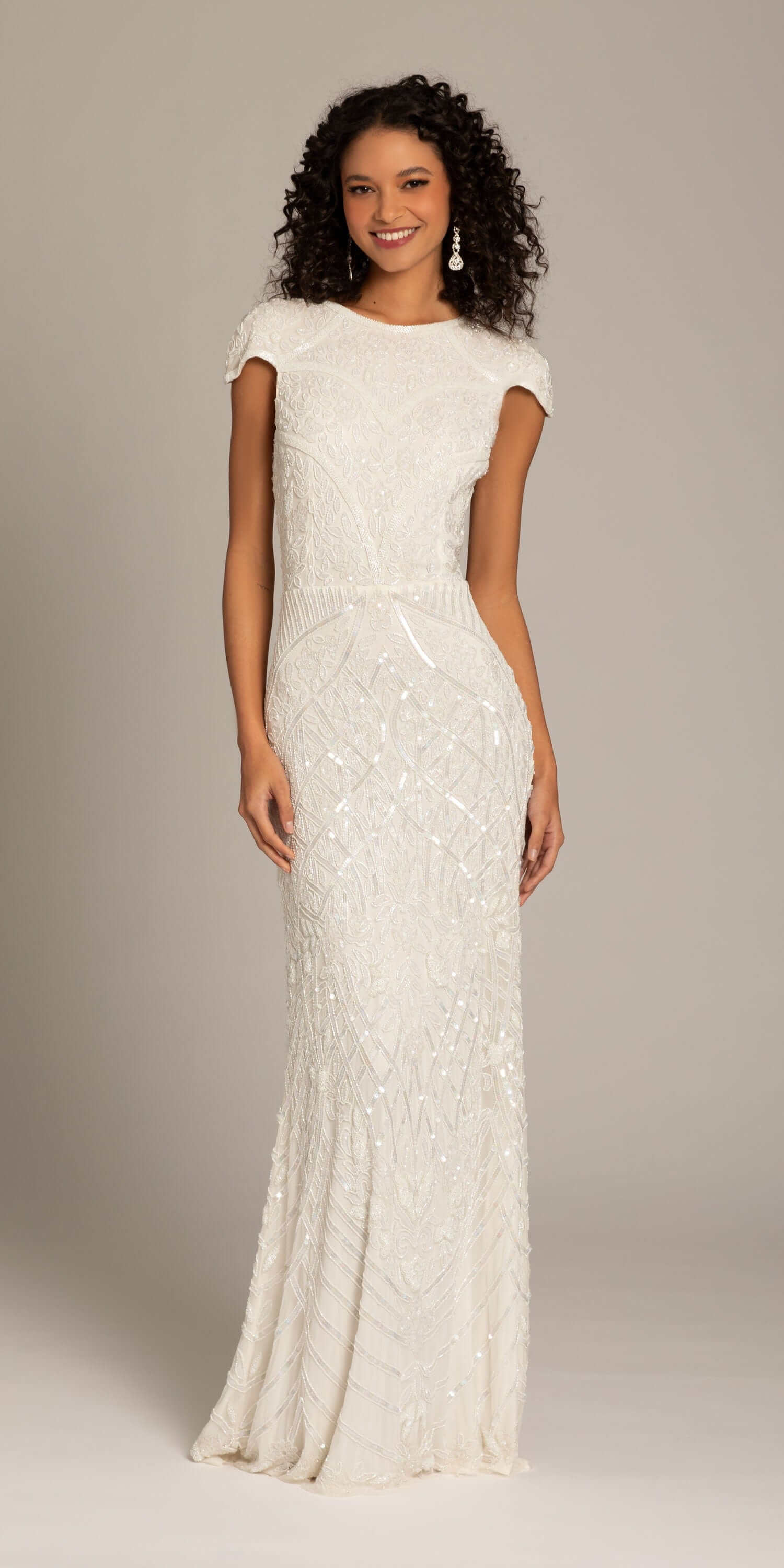 Geometric Beaded Cap Sleeve Jewel Neck Mesh Column Dress - Image 4