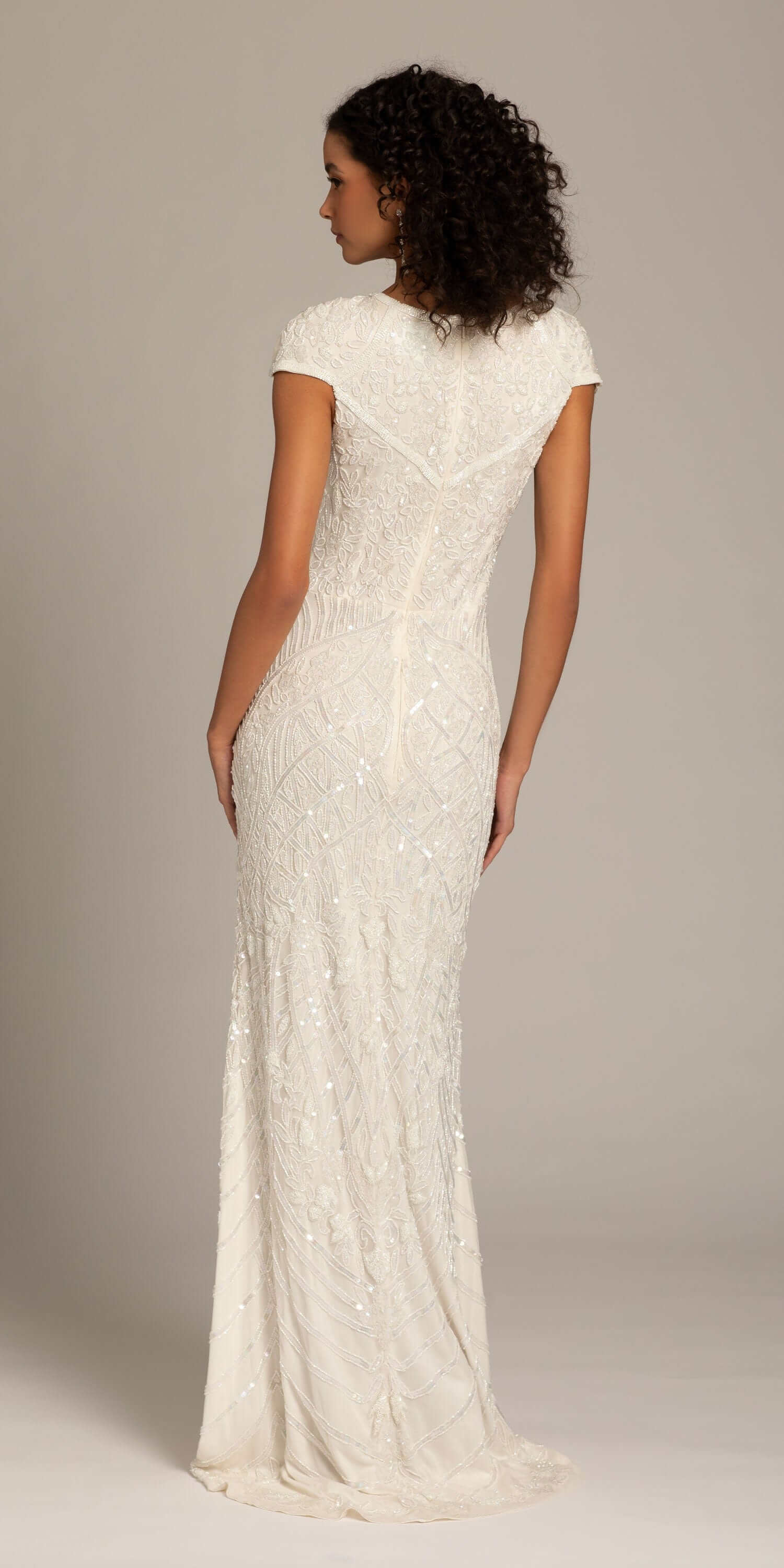 Geometric Beaded Cap Sleeve Jewel Neck Mesh Column Dress - Image 5