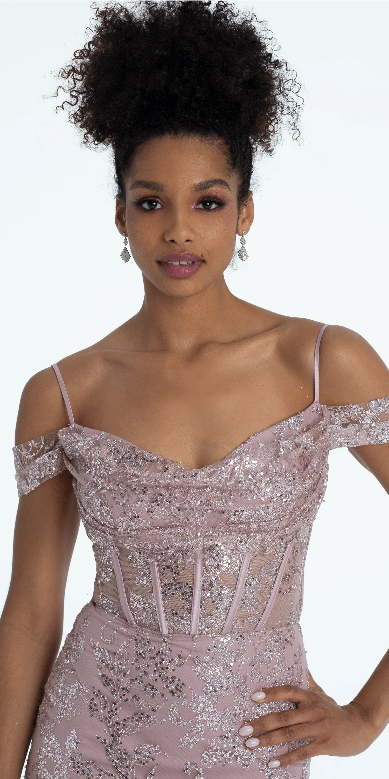 Glitter Drape Off the Shoulder Corset Mermaid Dress - Image 3