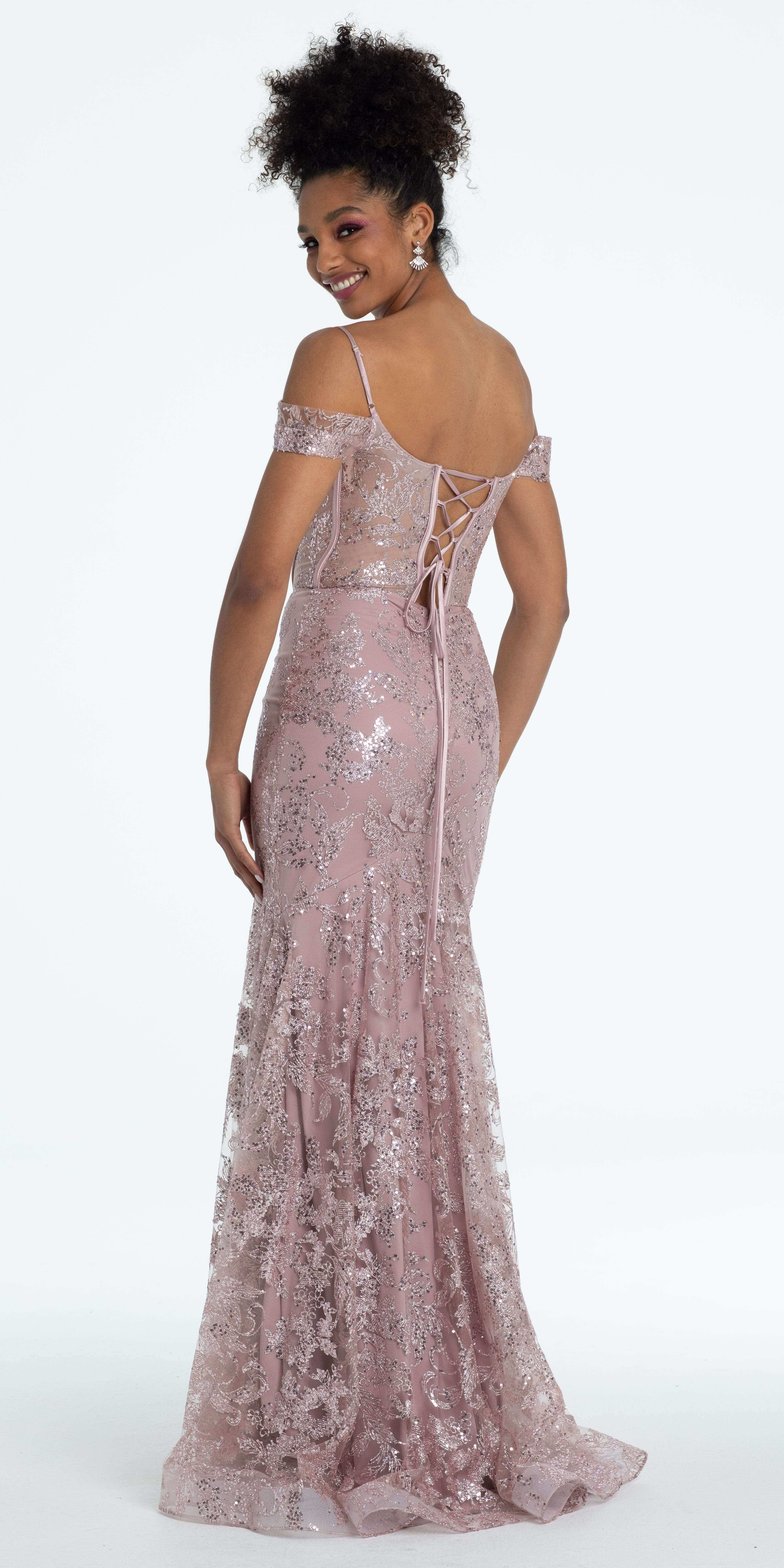 Glitter Drape Off the Shoulder Corset Mermaid Dress - Image 5