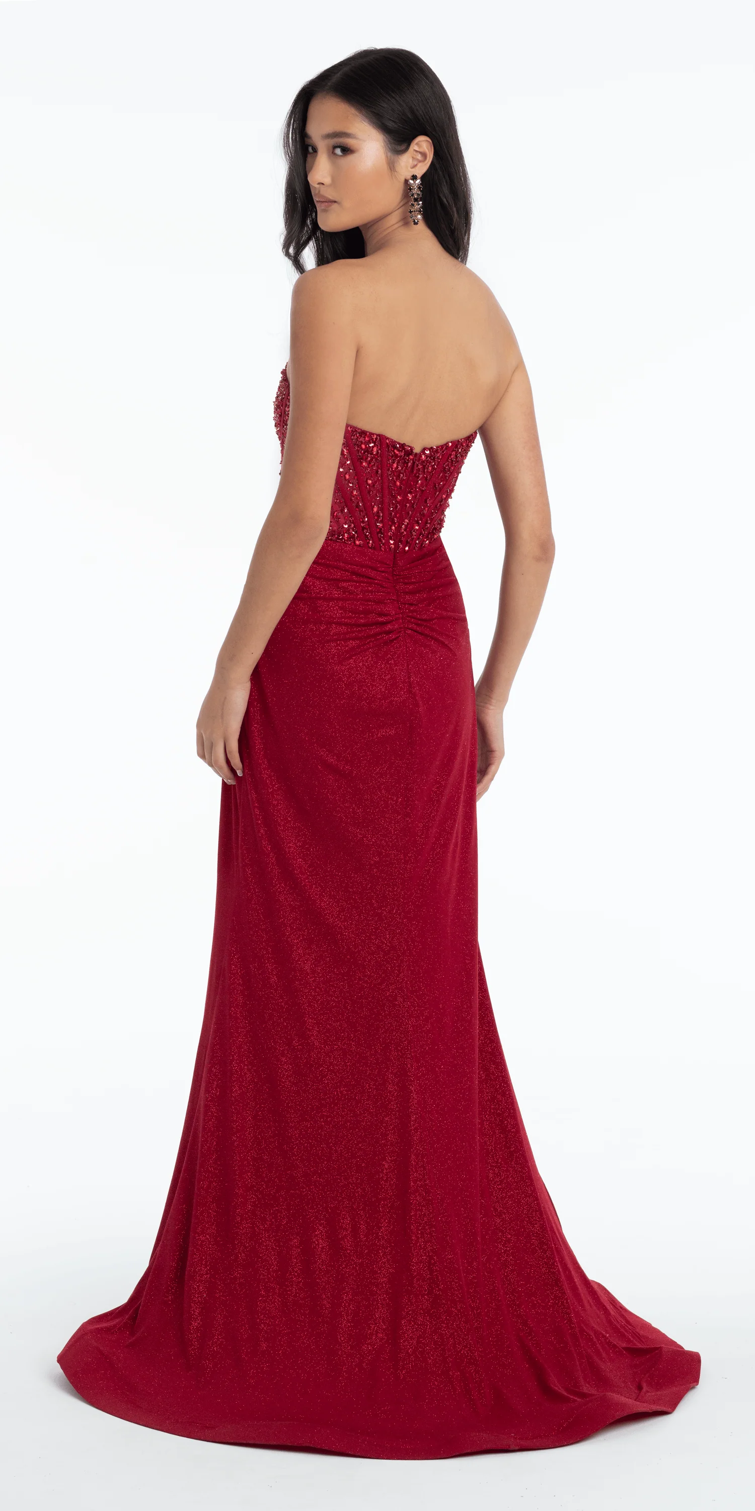 Glitter Knit Embellished Sweetheart Corset Trumpet Dress with Ruching - Image 5