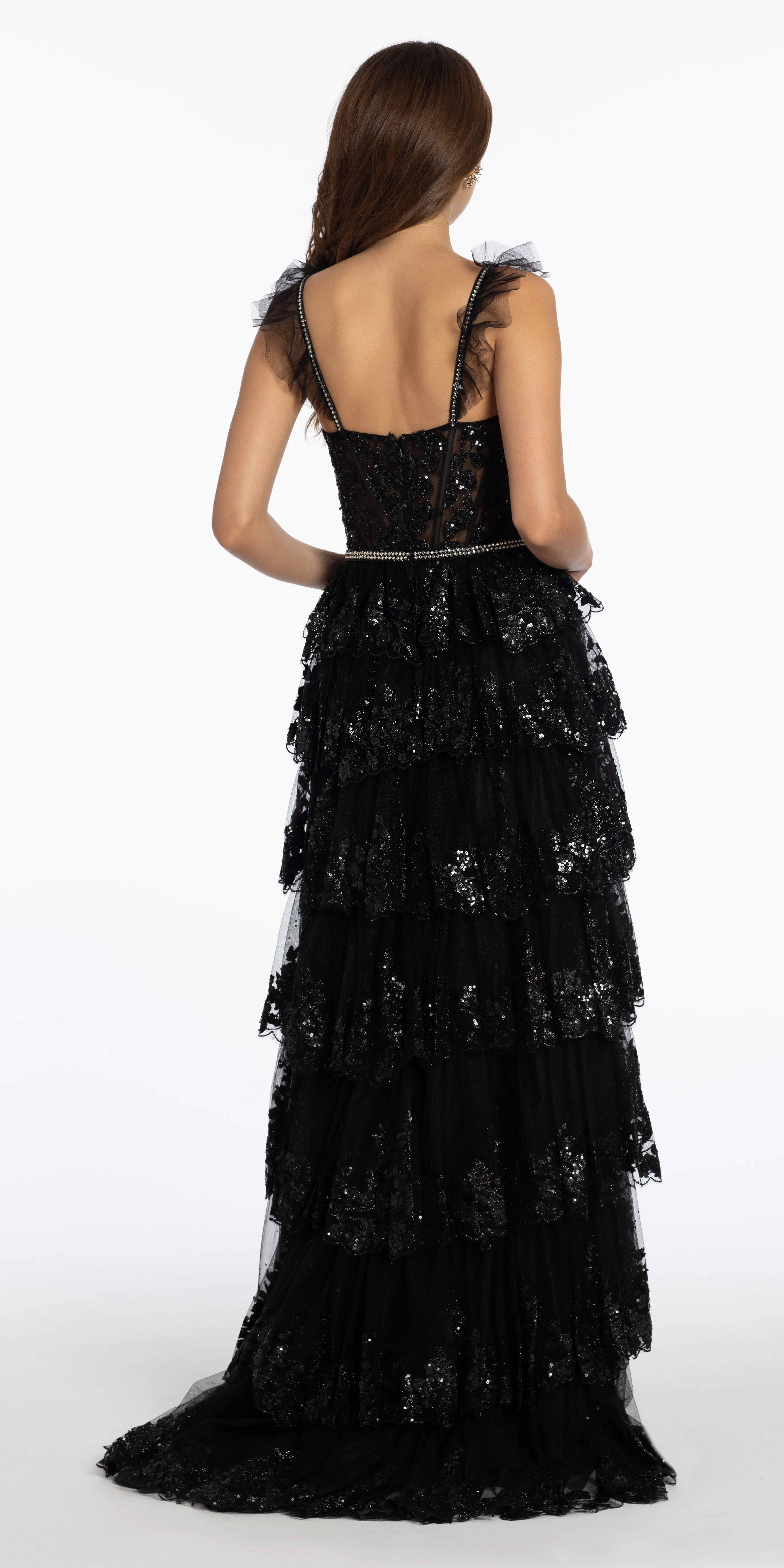 Glitter Mesh Corset Tiered Ballgown with Sequin and Ruffle Detail - Image 3