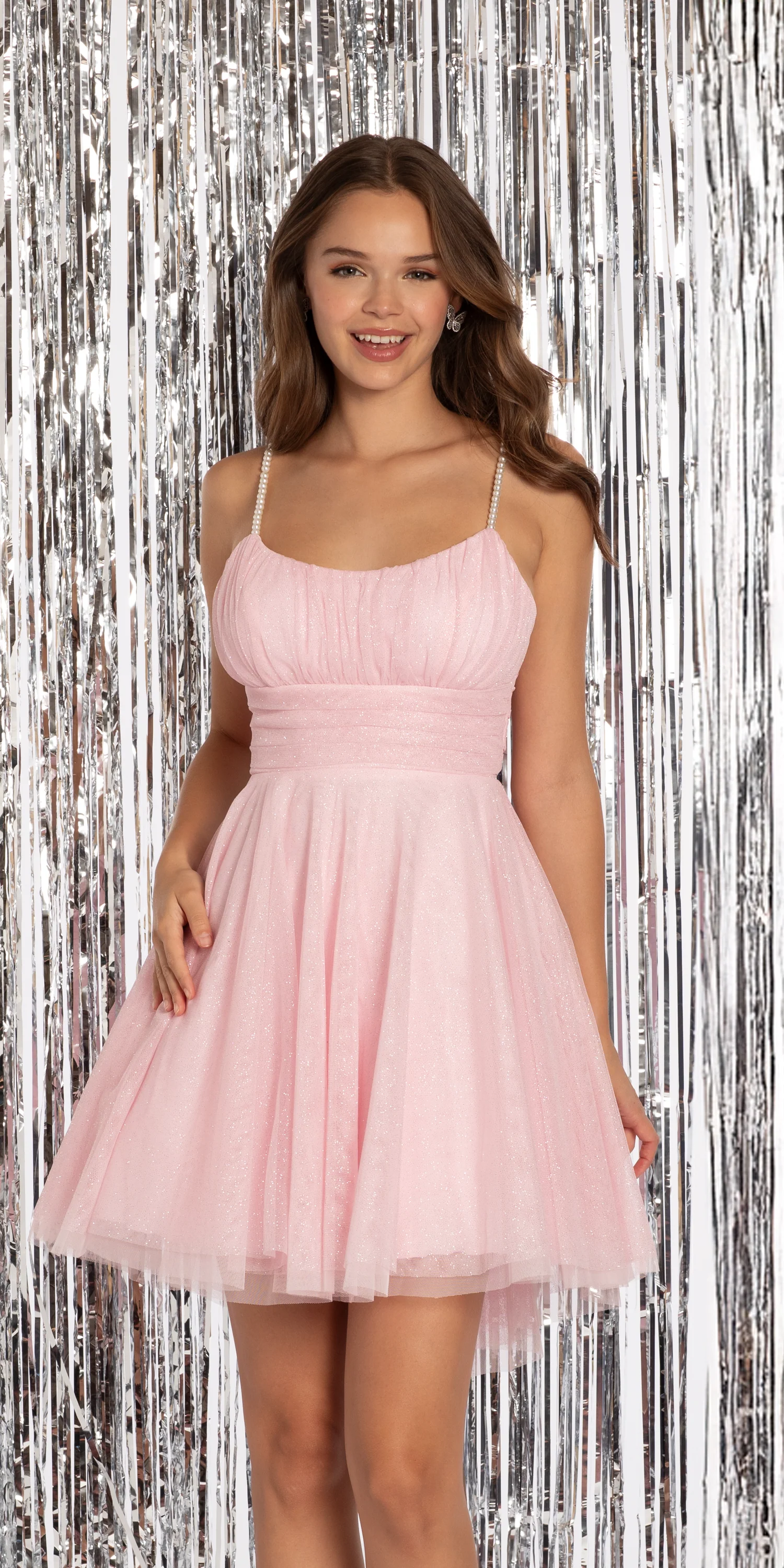 Glitter Mesh Scoop Neck Fit and Flare Dress with Pearl Straps - Image 7