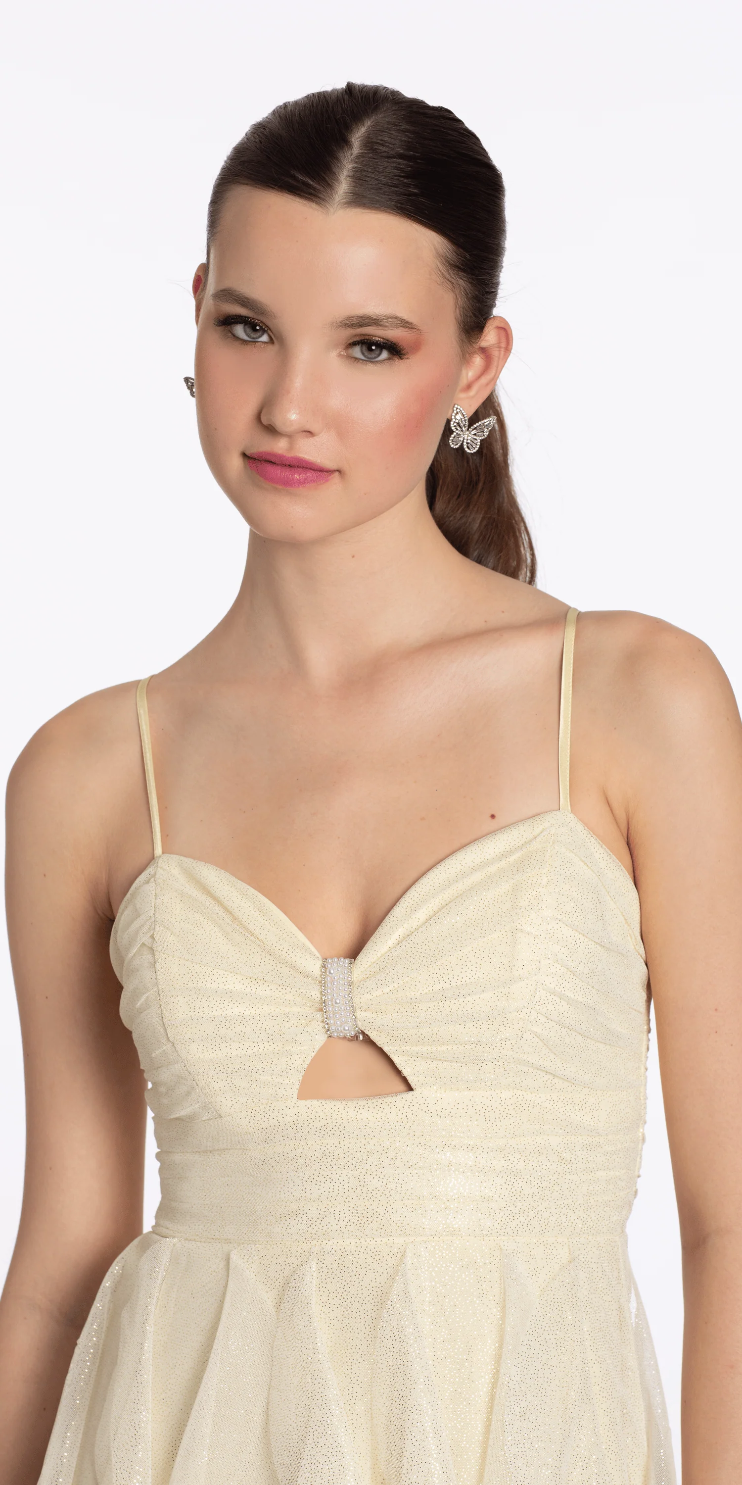 Glitter Mesh Sweetheart Keyhole Column Dress with Tendrils - Image 2