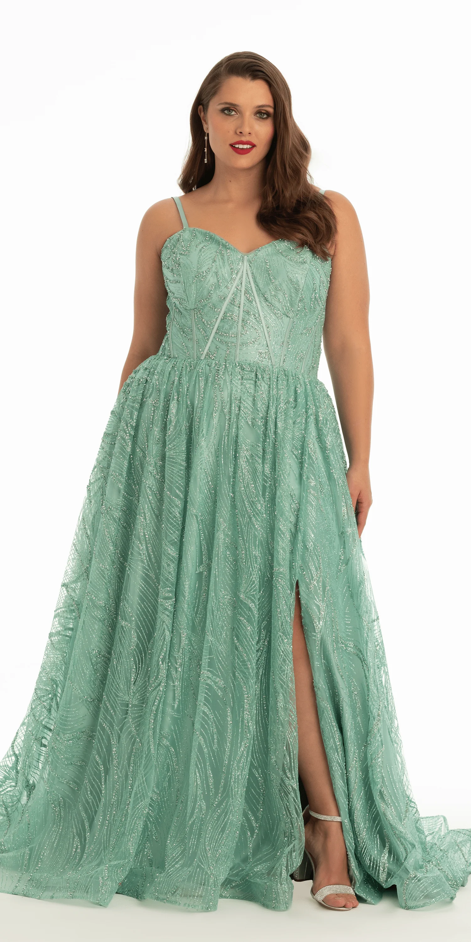 Glitter Sweetheart Corset A Line Dress with Side Slit - Image 2