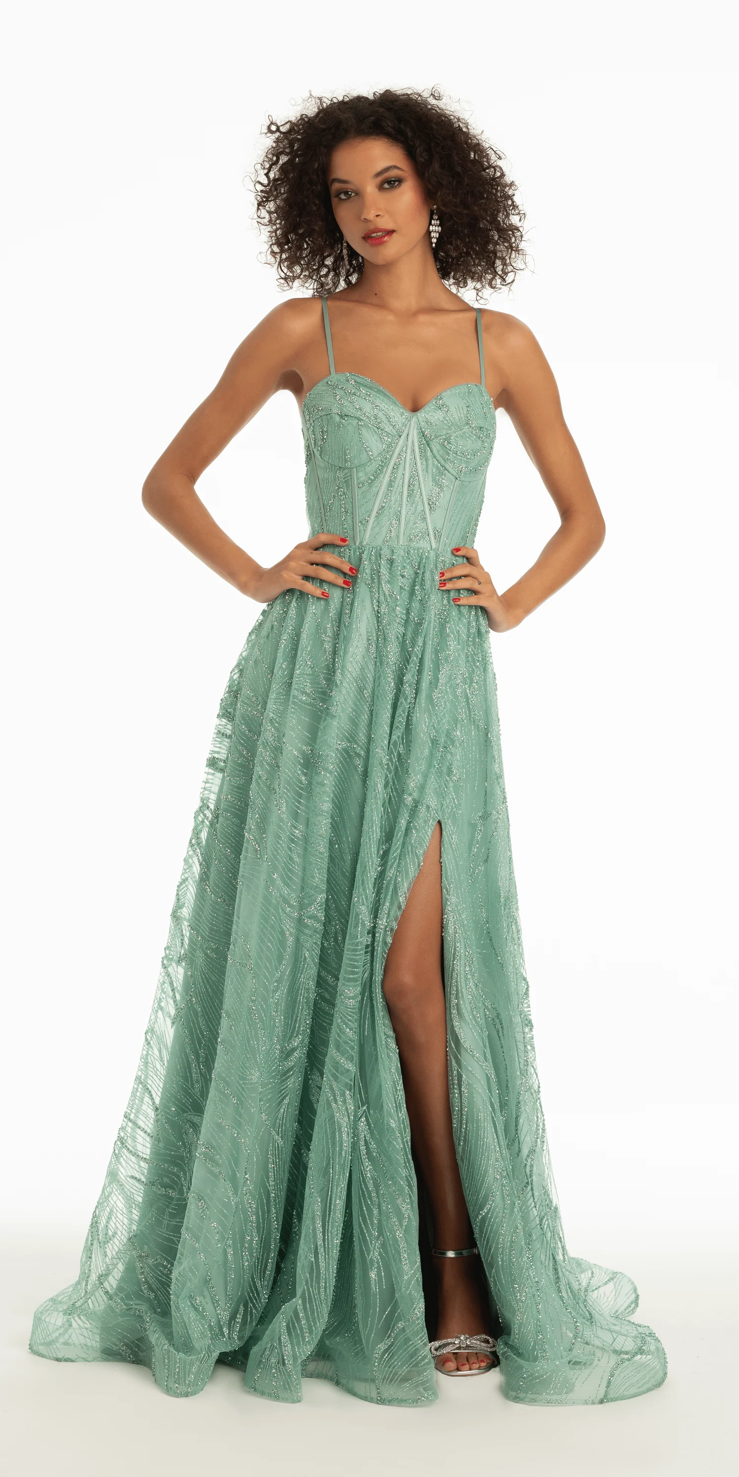 Glitter Sweetheart Corset A Line Dress with Side Slit - Image 5