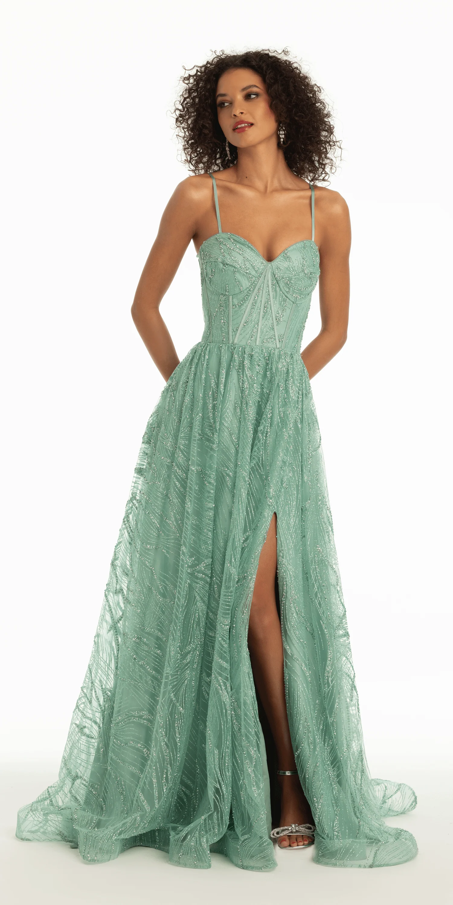 Glitter Sweetheart Corset A Line Dress with Side Slit - Image 6
