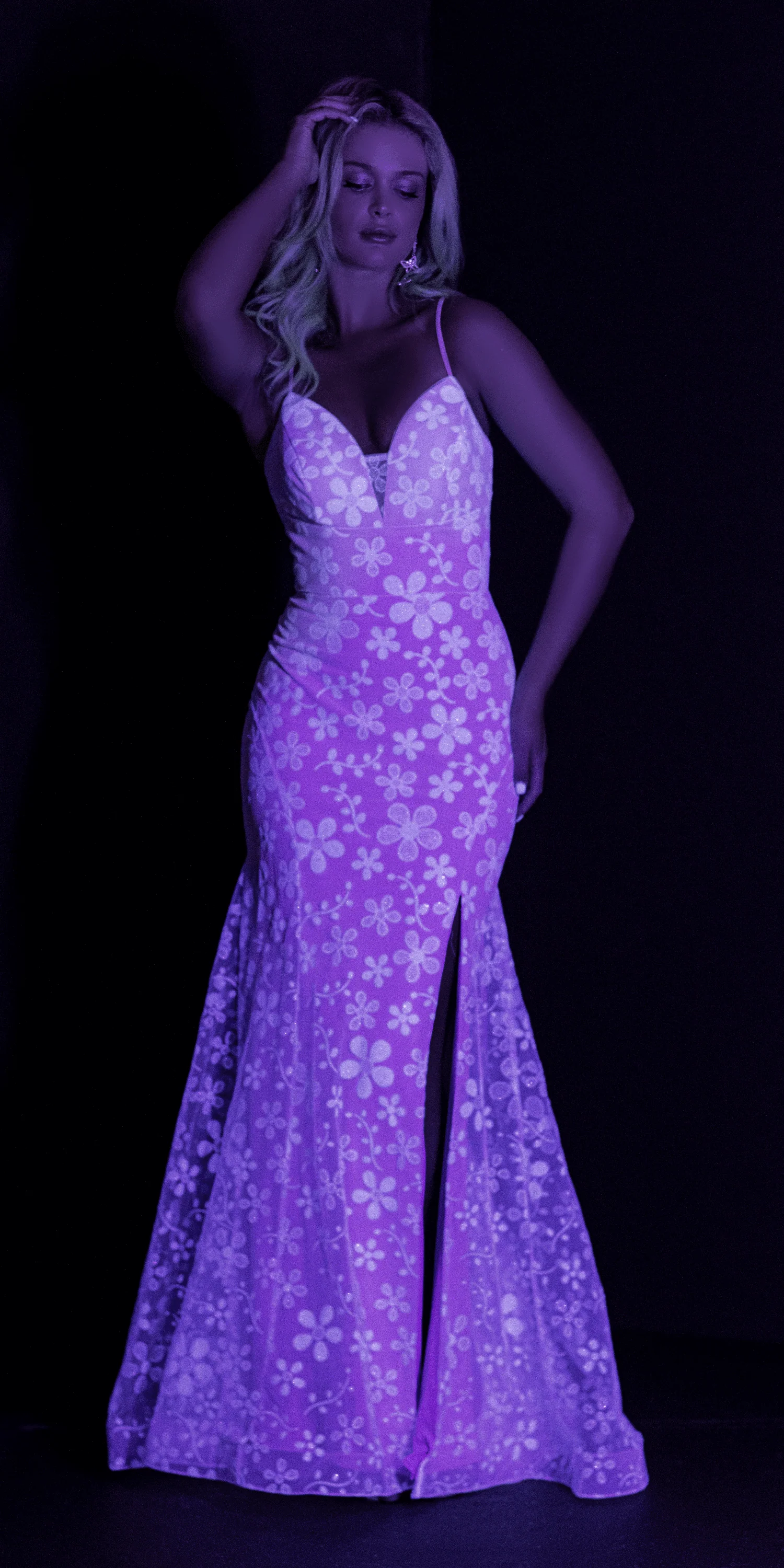 Glow in the Dark Plunging Mesh Glitter Daisy Trumpet Dress - Image 6