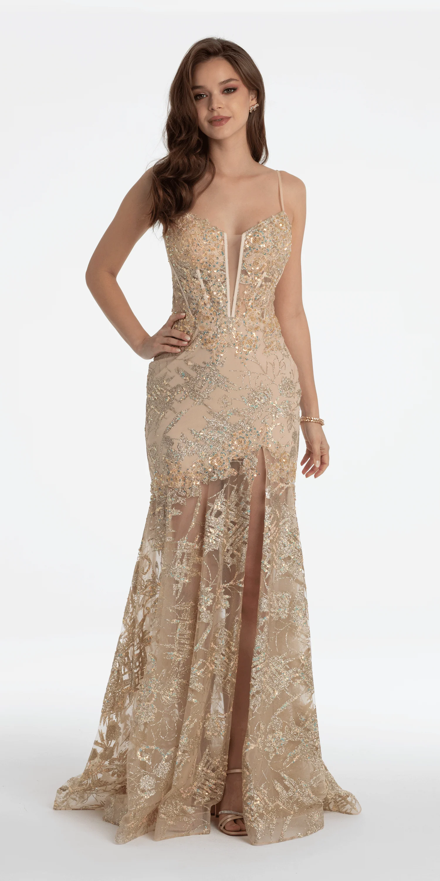 Illusion Plunge Corset Beaded Trumpet Dress - Image 7