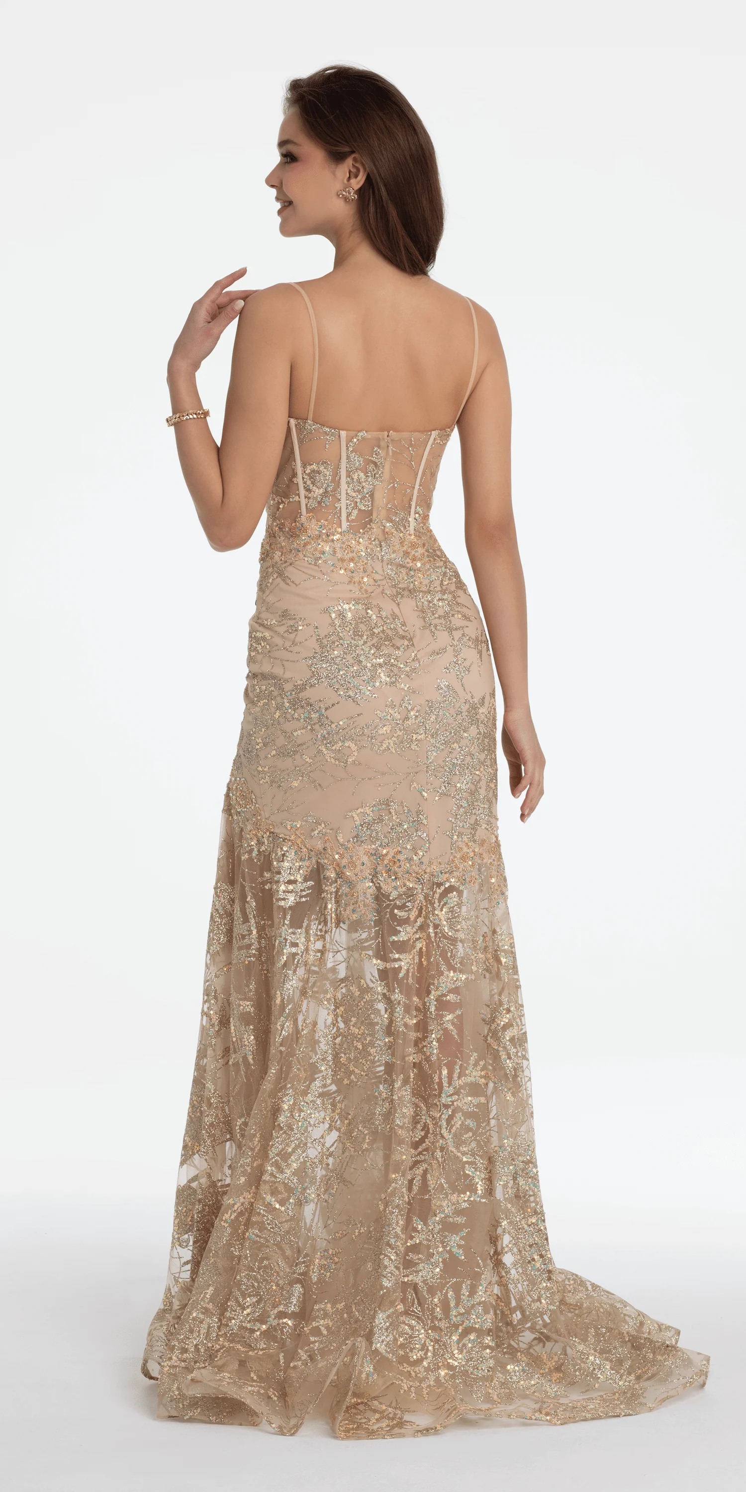 Illusion Plunge Corset Beaded Trumpet Dress - Image 8