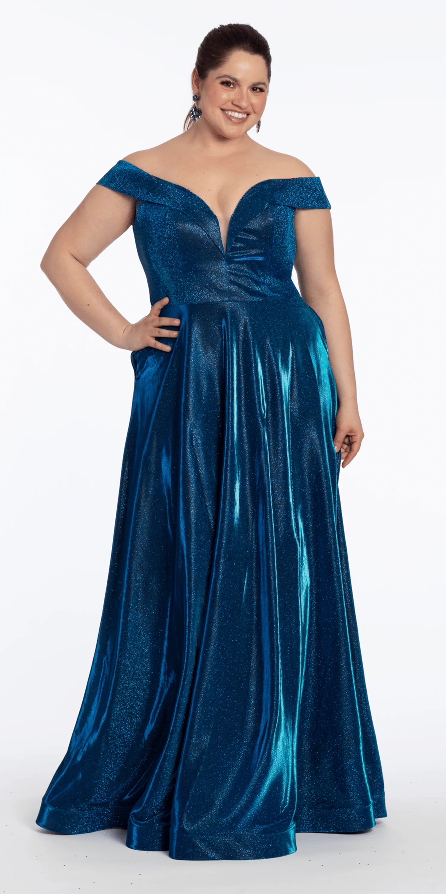 Iridescent Metallic Glitter Off the Shoulder Plunge A Line Dress - Image 3
