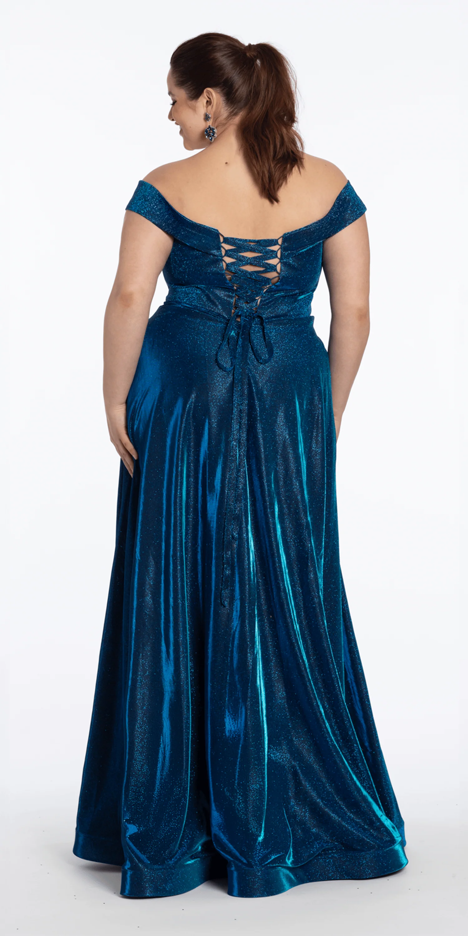 Iridescent Metallic Glitter Off the Shoulder Plunge A Line Dress - Image 4