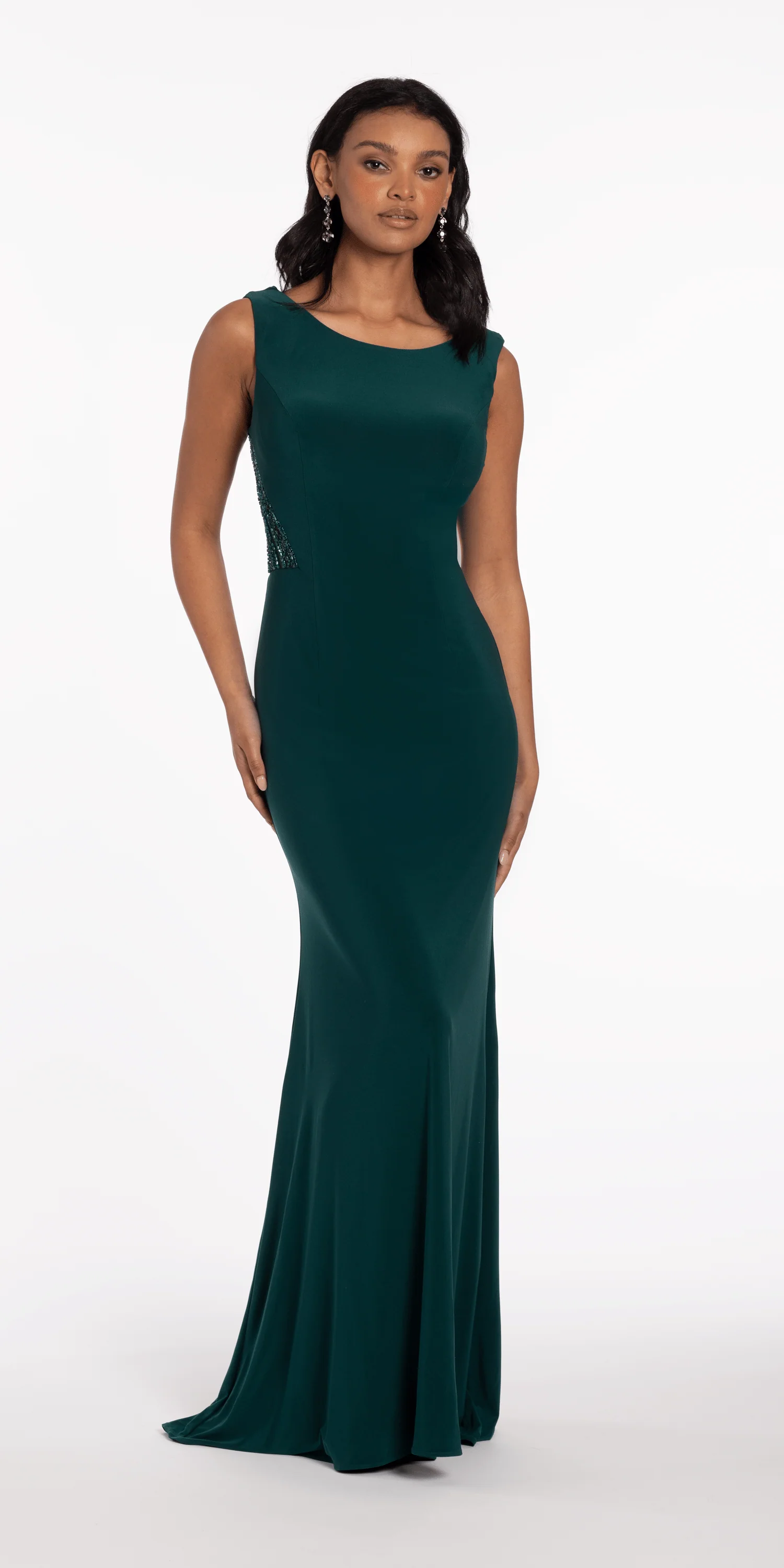 Jersey Drape Back Column Dress with Beaded Side Panels - Image 3