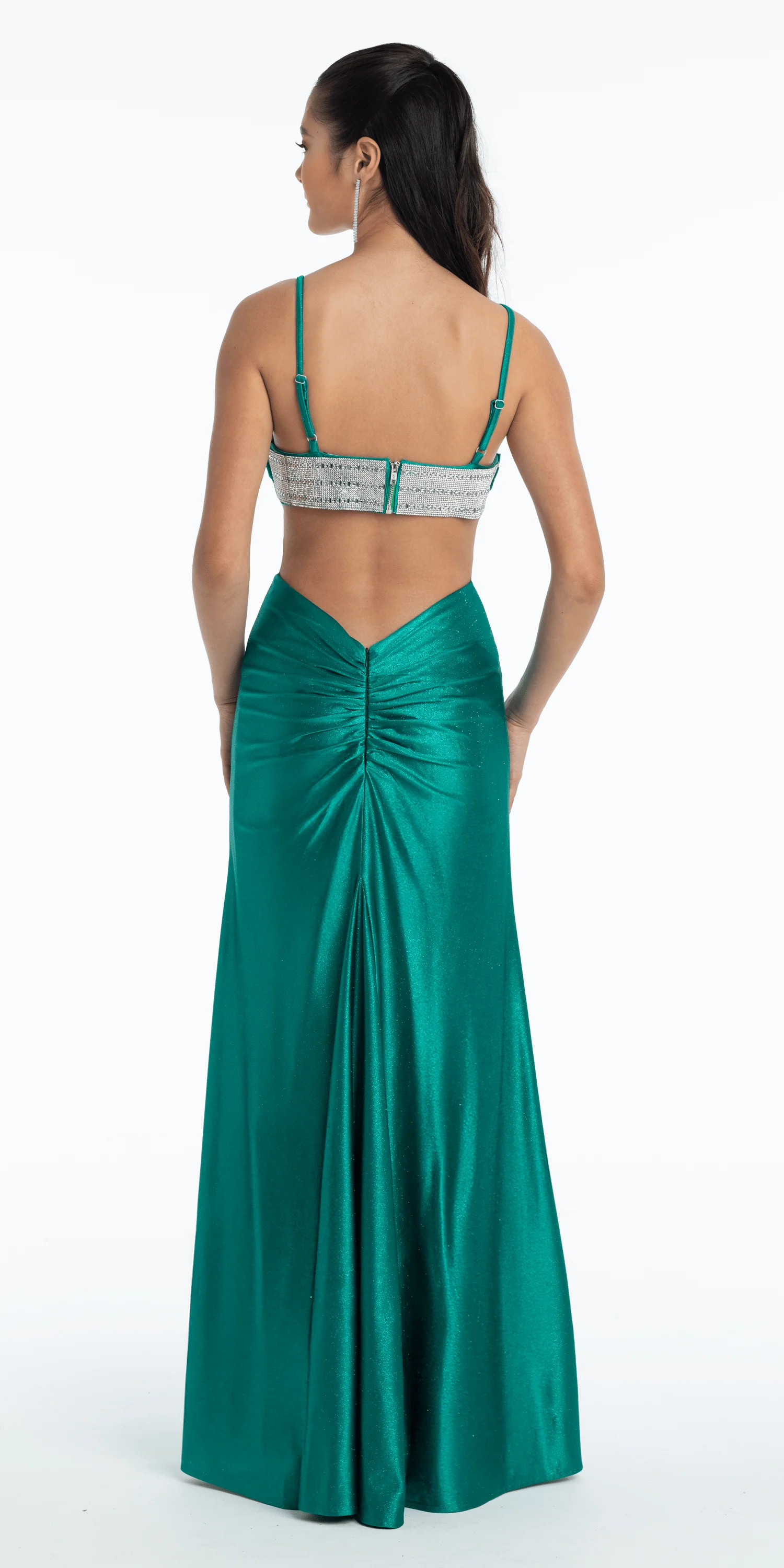 Jersey Glitter Pleated Column Dress with Peek-a-Boo Rhinestone Bodice - Image 3