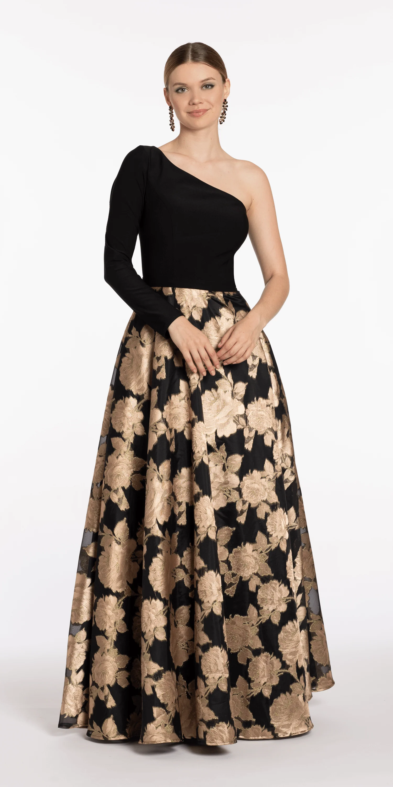 Jersey Jacquard One Shoulder Long Sleeve Ballgown with Pockets - Image 3