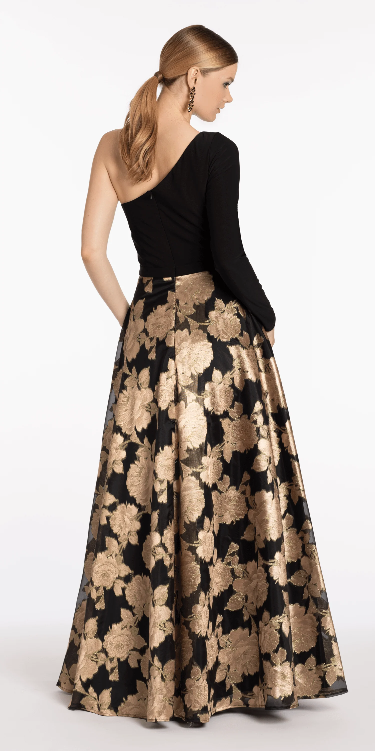 Jersey Jacquard One Shoulder Long Sleeve Ballgown with Pockets - Image 5