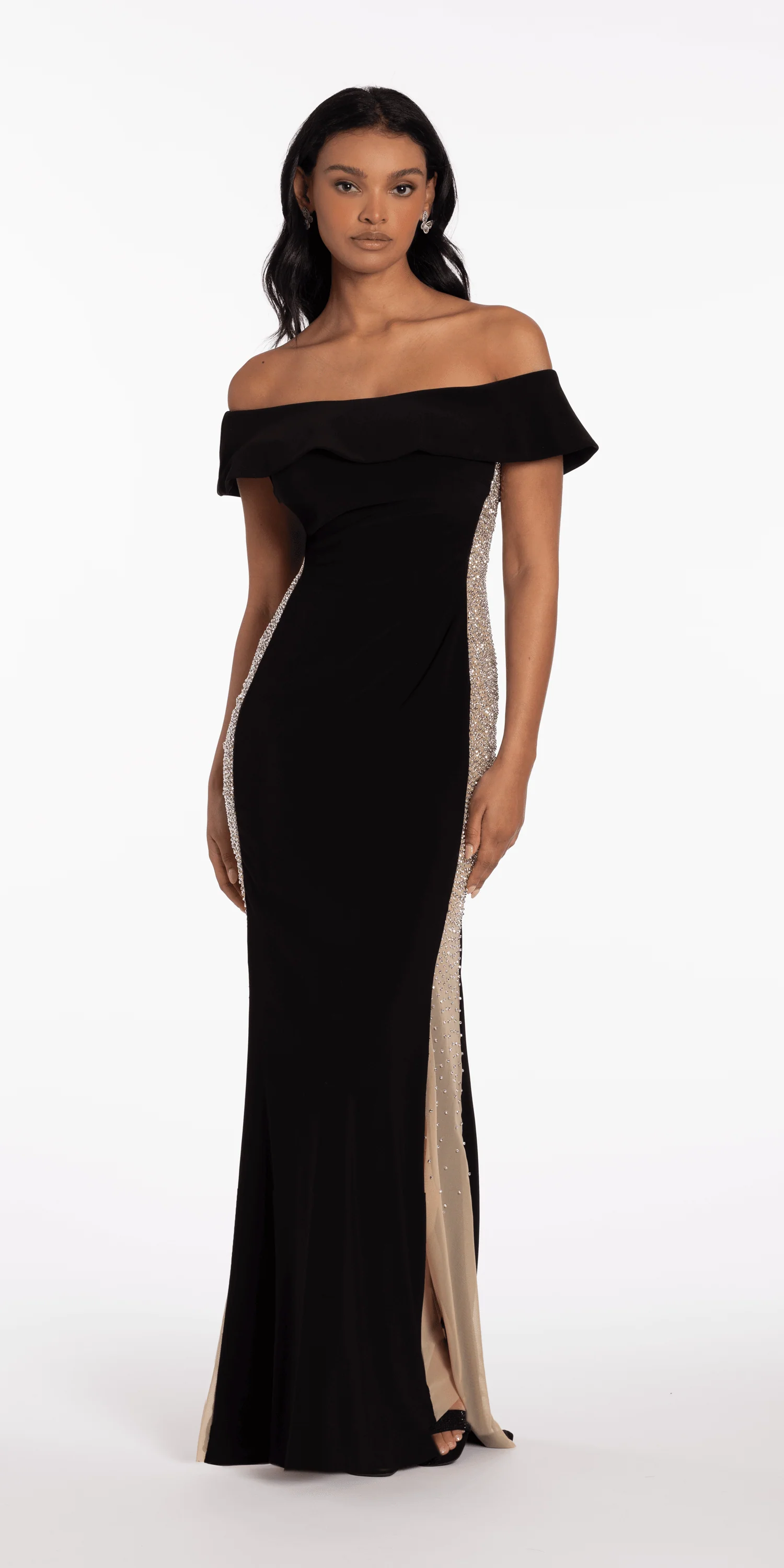 Jersey Off the Shoulder Column Dress with Beaded Side Panels - Image 2