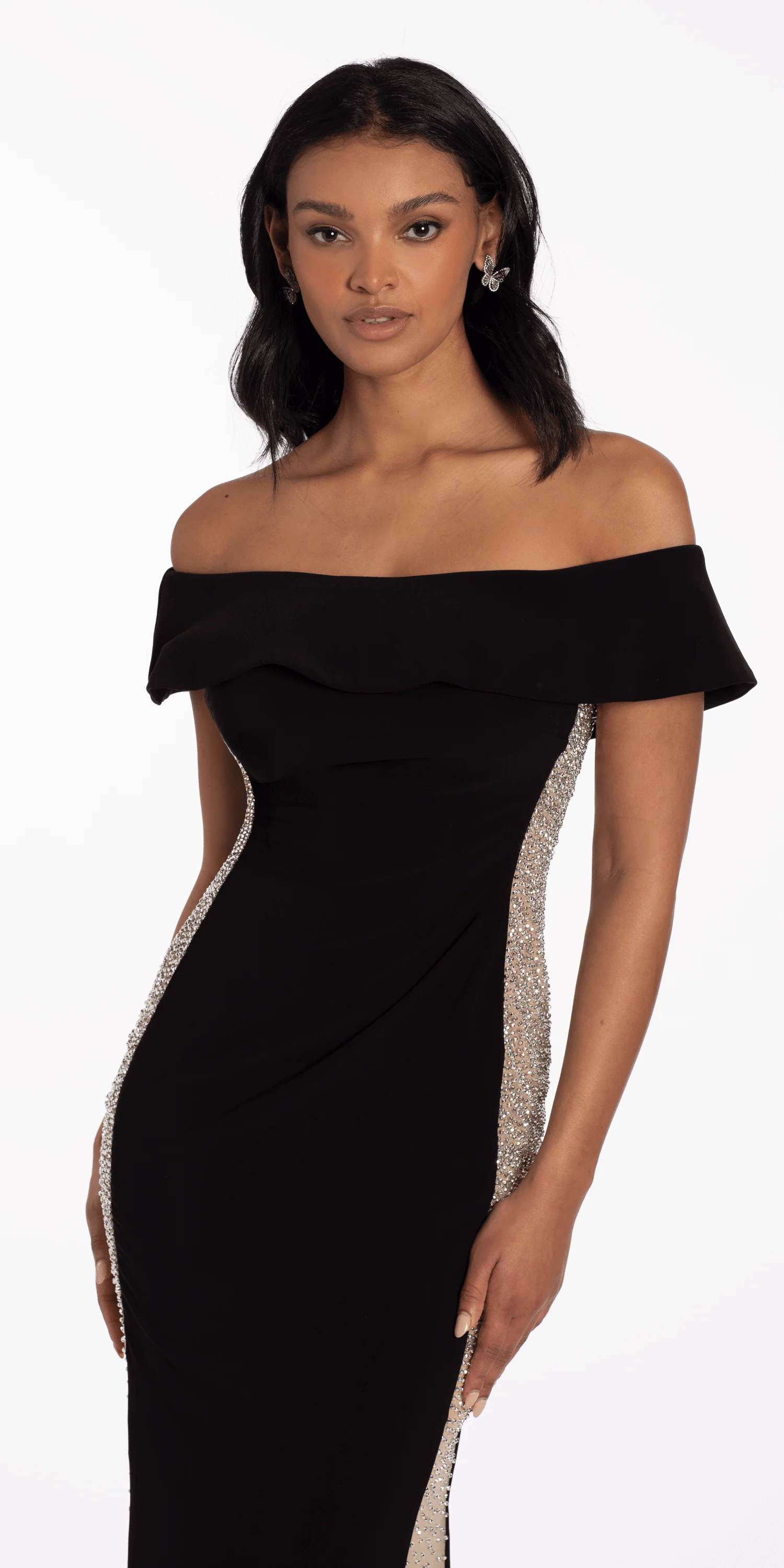Jersey Off the Shoulder Column Dress with Beaded Side Panels - Image 4
